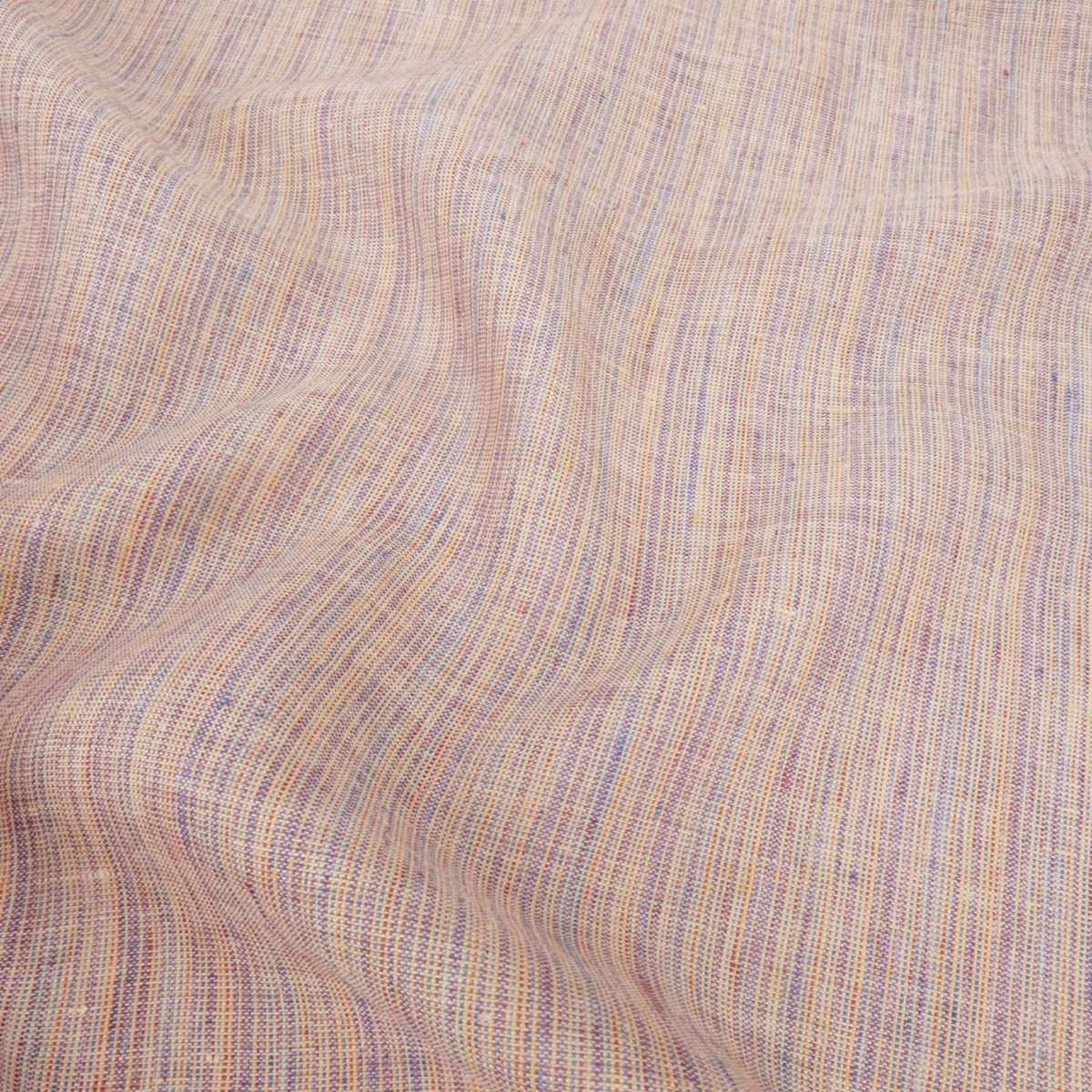 Premium 100% European Linen Yarn Dyed Railroad Stripe Fabric. Peachy Multi color. apparel & high end home decor. shown lightly gathered
