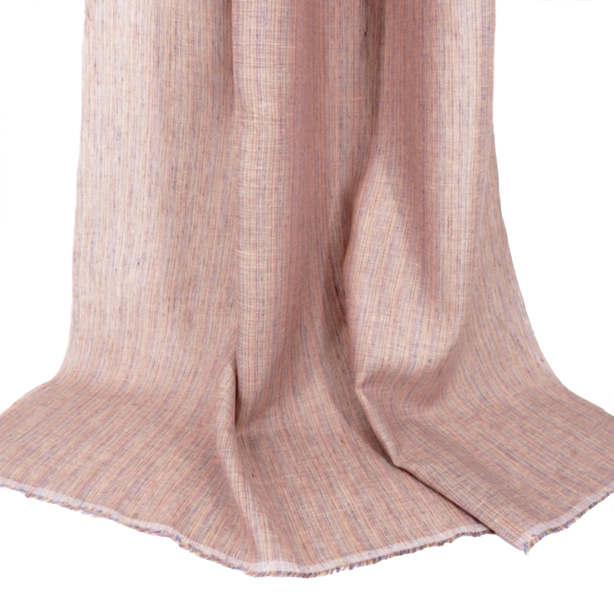 Premium 100% European Linen Yarn Dyed Railroad Stripe Fabric. Peachy Multi color. apparel & high end home decor. shown draped