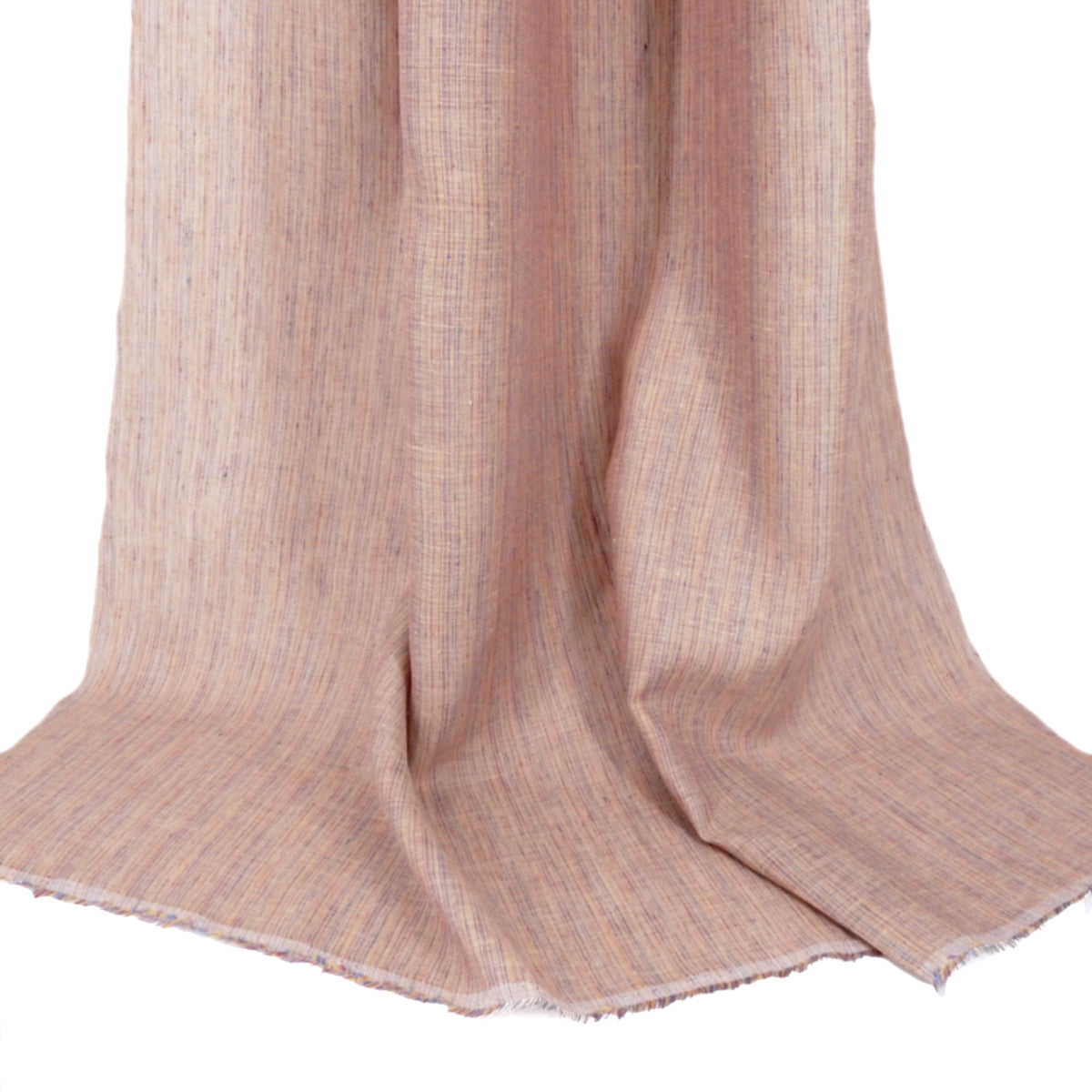 Premium 100% European Linen Yarn Dyed Railroad Stripe Fabric. Peachy Multi color. apparel & high end home decor. shown draped