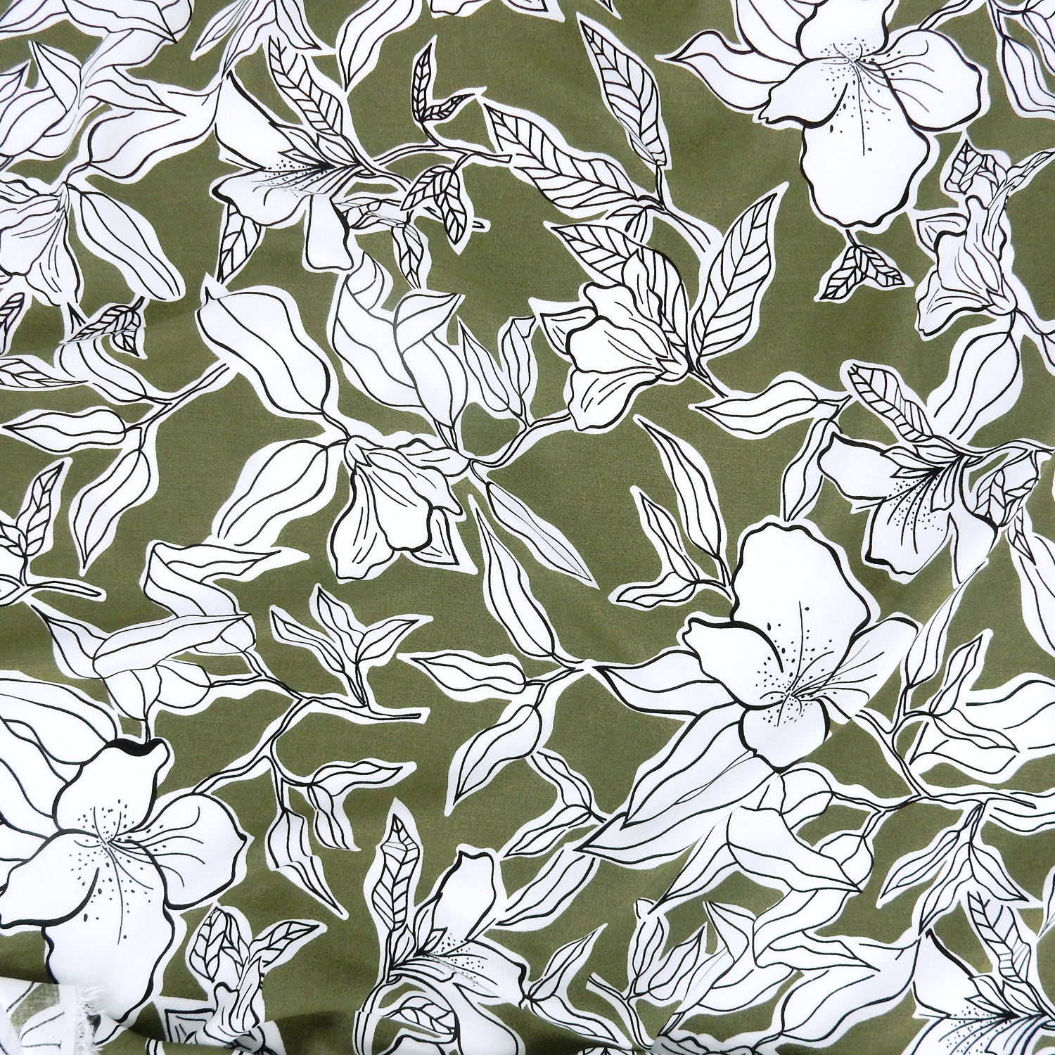 Premium 100% Rayon Challis Fabric CLF1-859 White Lily on Sage Green
