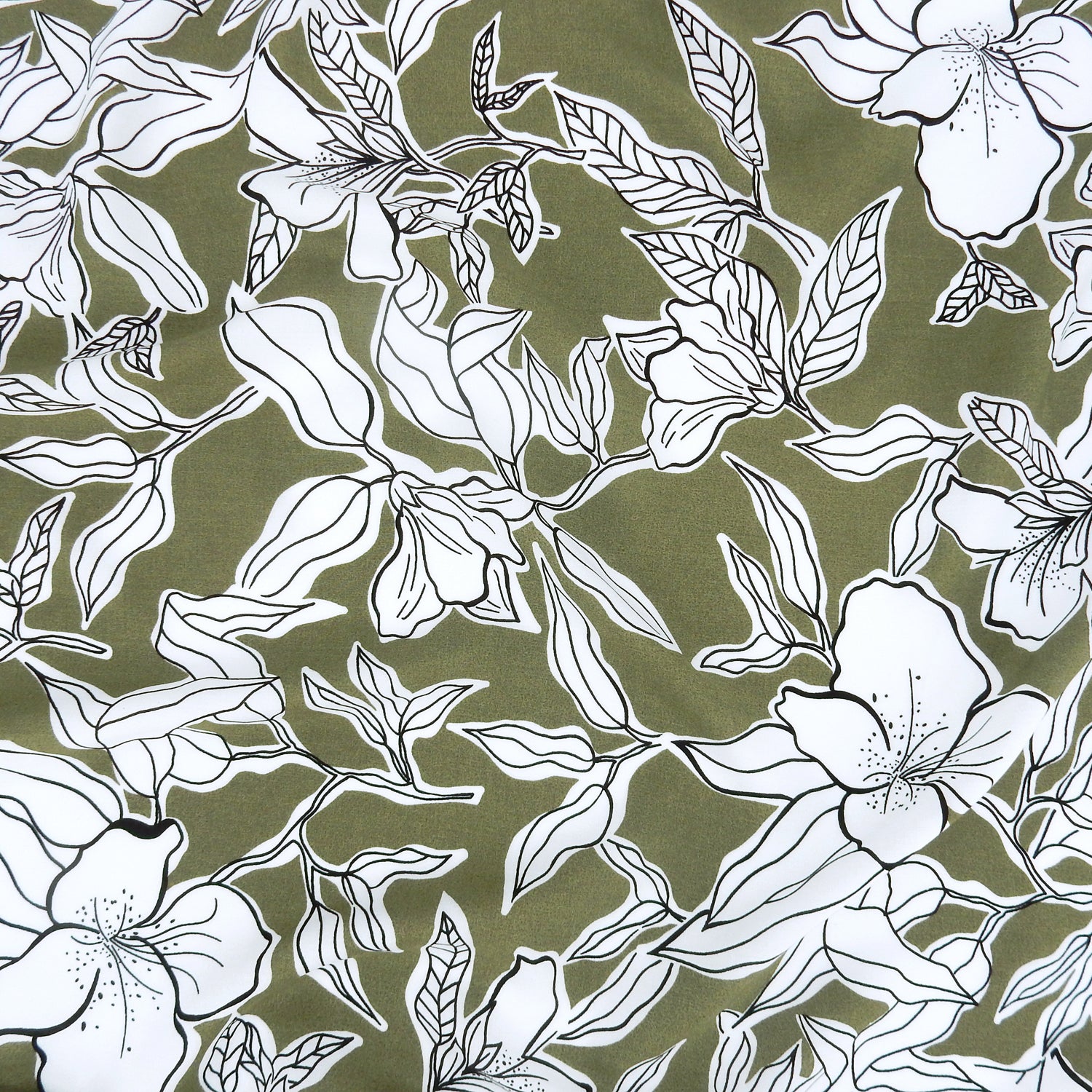 Premium 100% Rayon Challis Fabric CLF1-859 White Lily on Sage Green
