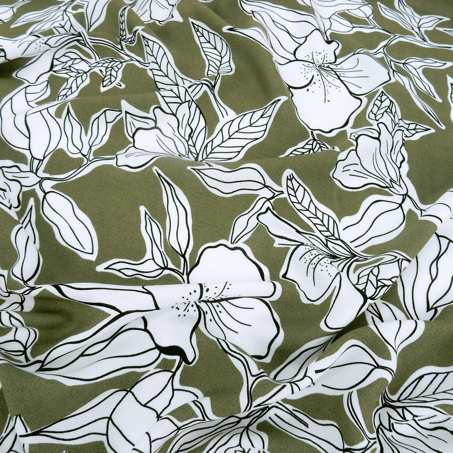 Premium 100% Rayon Challis Fabric CLF1-859 White Lily on Sage Green