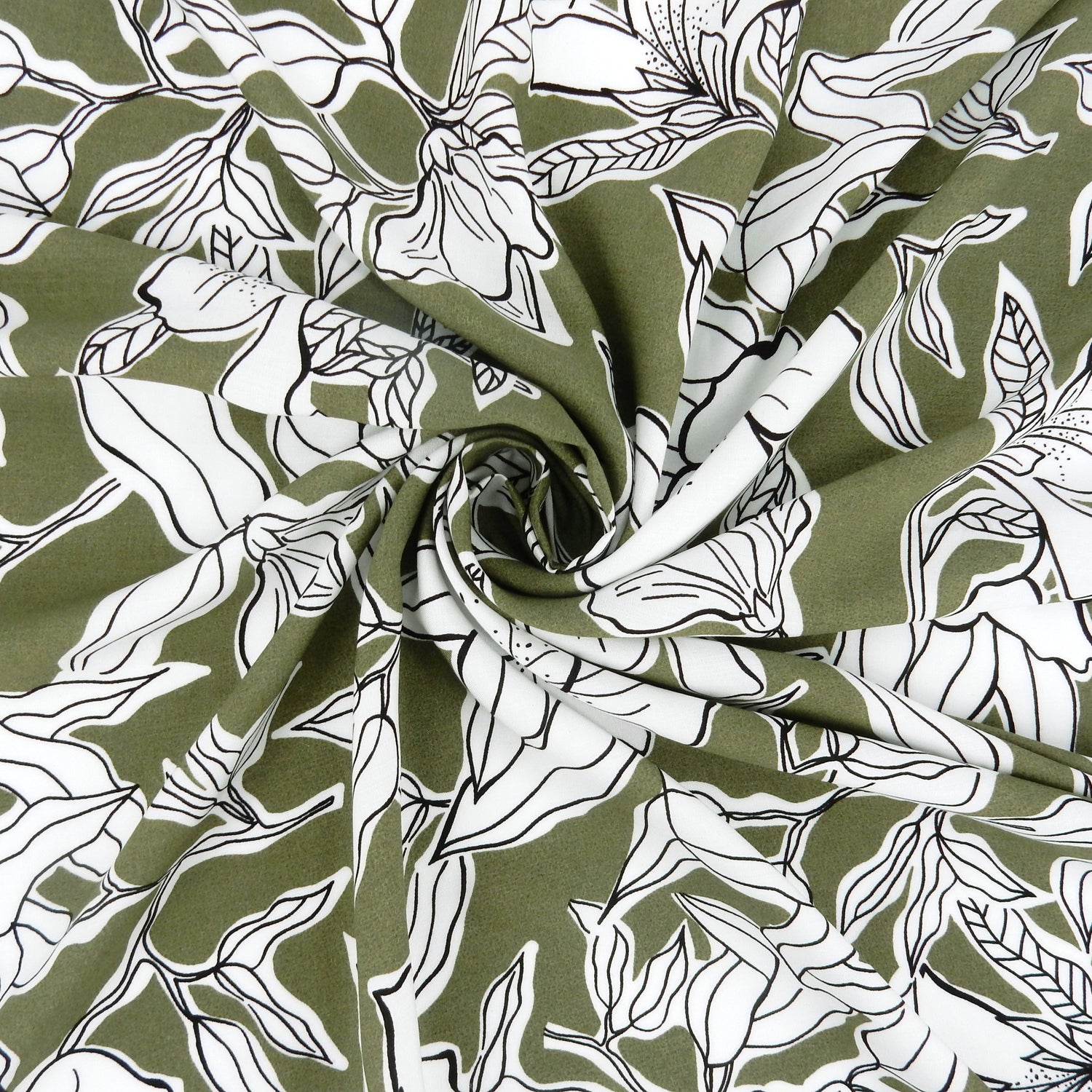 Premium 100% Rayon Challis Fabric CLF1-859 White Lily on Sage Green