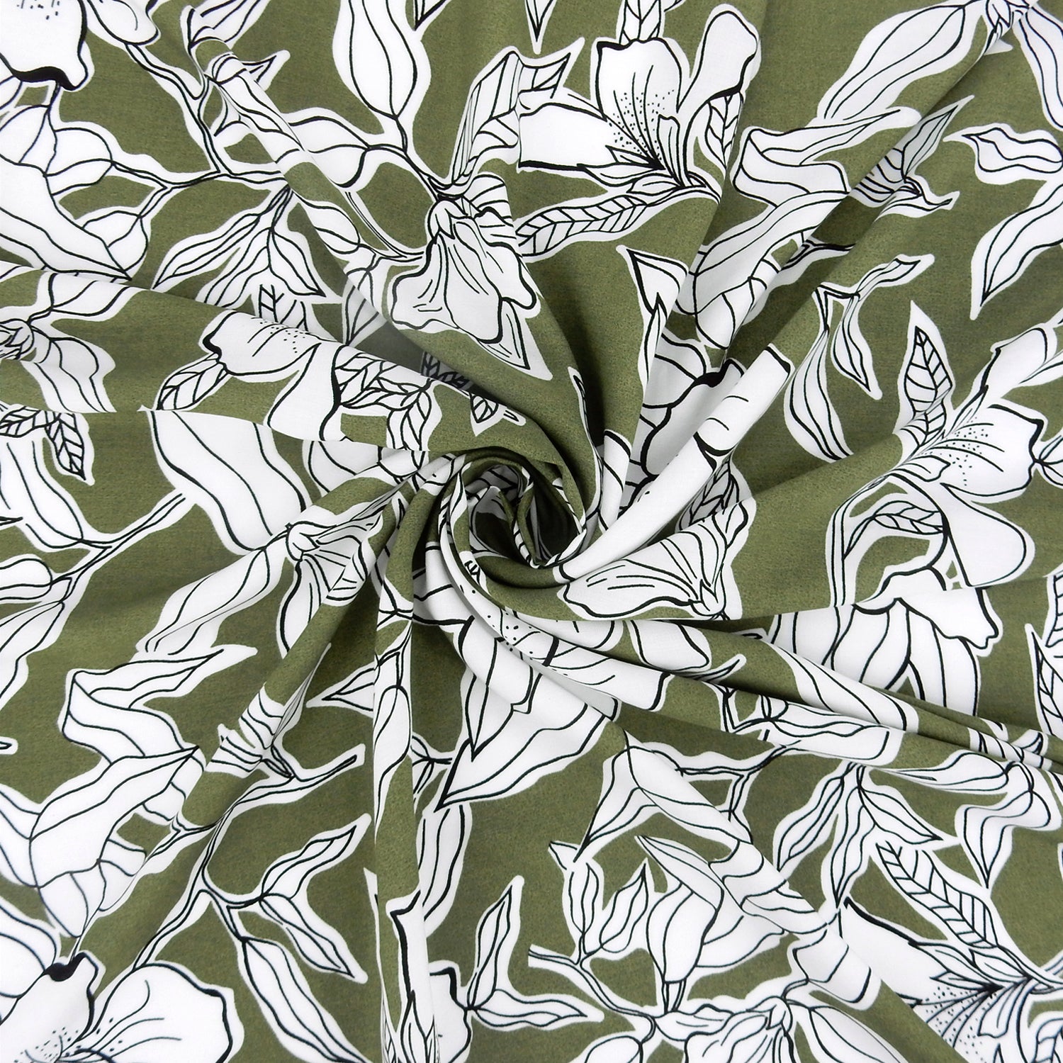 Premium 100% Rayon Challis Fabric CLF1-859 White Lily on Sage Green