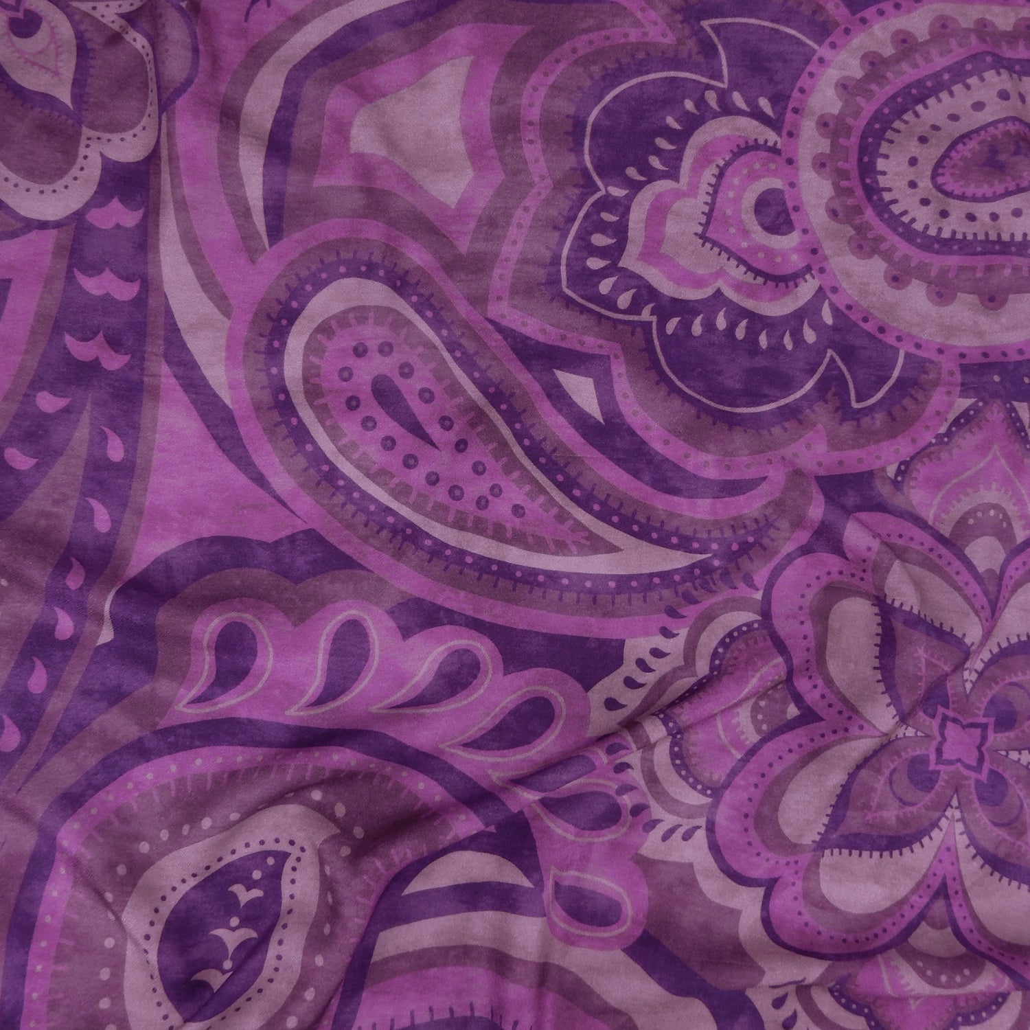 Premium 100% Rayon Challis Fabric. Geometric paisley purple print. lightweight, ultra soft, silk like texture. shown flat