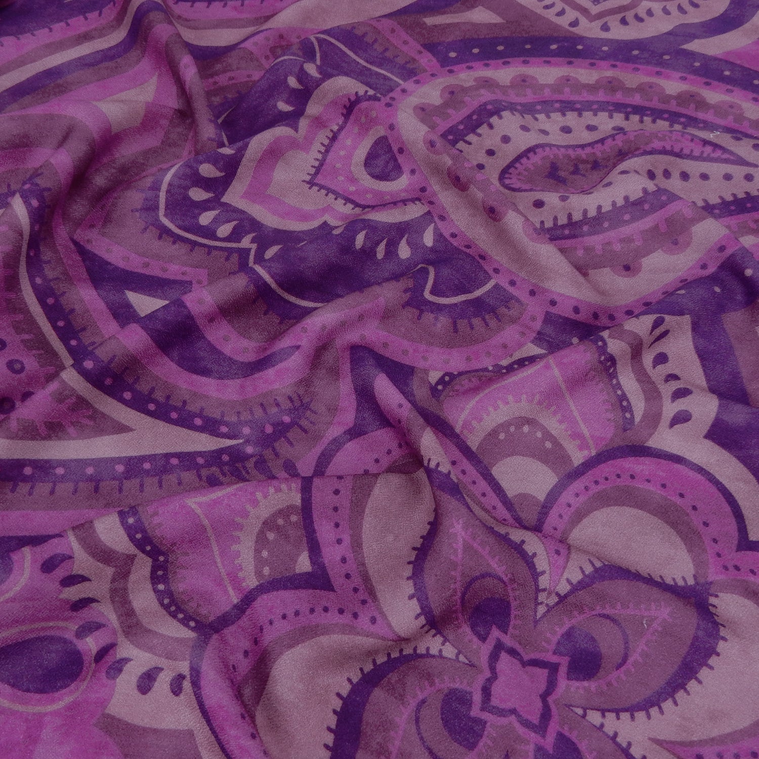 Premium 100% Rayon Challis Fabric. Geometric paisley purple print. lightweight, ultra soft, silk like texture. shown lightly gathered
