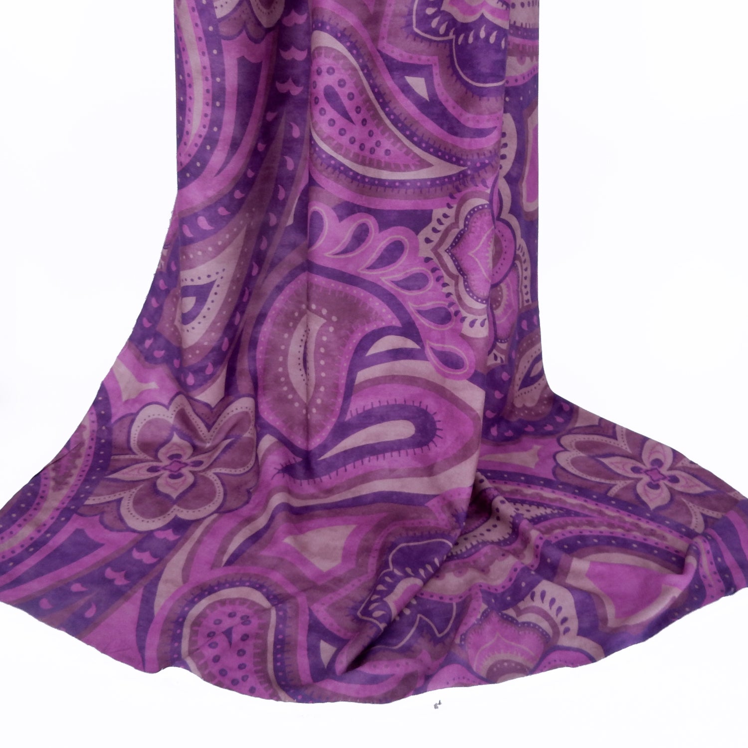 Premium 100% Rayon Challis Fabric. Geometric paisley purple print. lightweight, ultra soft, silk like texture. shown draped