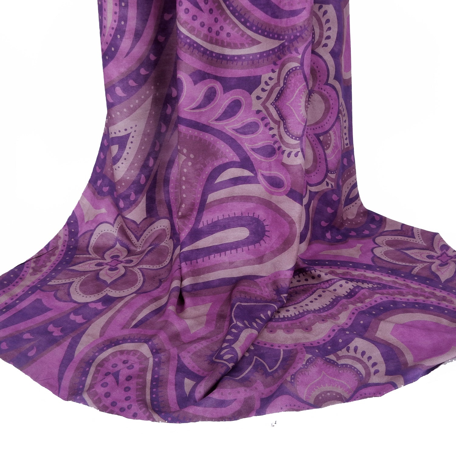 Premium 100% Rayon Challis Fabric. Geometric paisley purple print. lightweight, ultra soft, silk like texture. shown draped