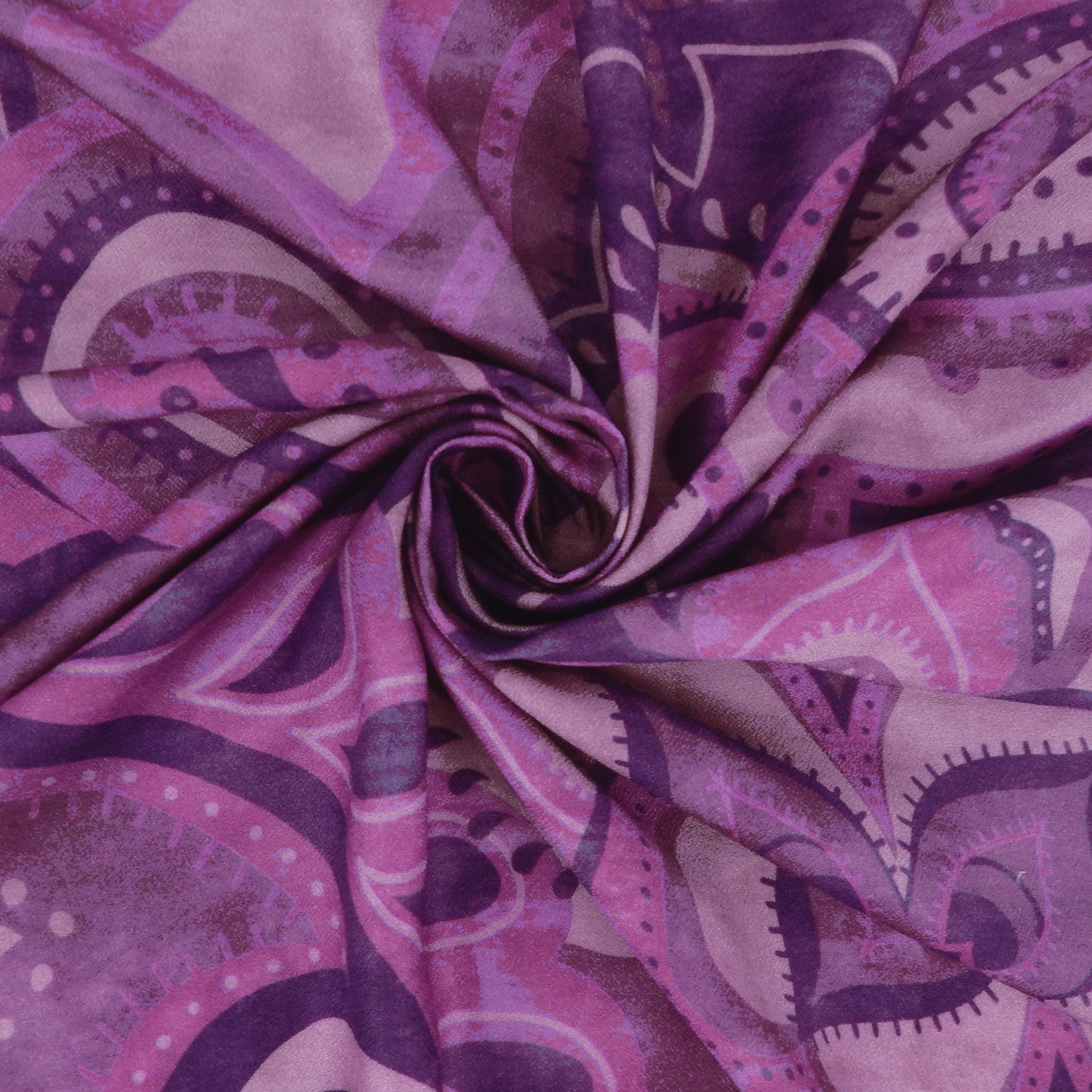 Premium 100% Rayon Challis Fabric. Geometric paisley purple print. lightweight, ultra soft, silk like texture. shown swirled