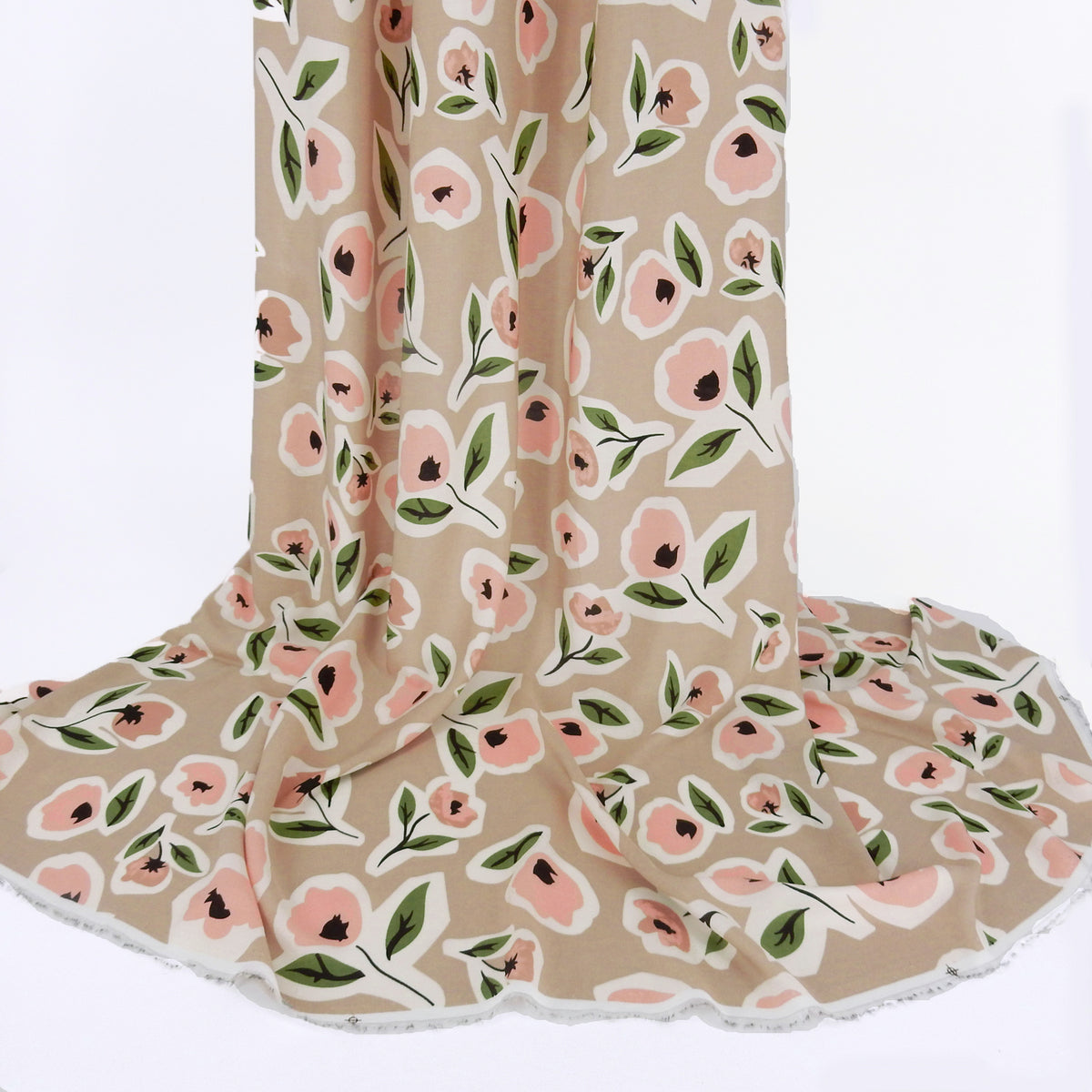 Premium 100% Rayon Challis Fabric. Soft Floral Rose design. White , pink & Green on Taupe. lightweight & ultra soft. shown draped
