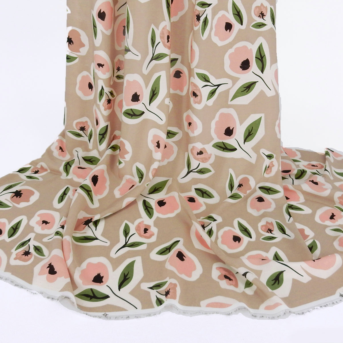 Premium 100% Rayon Challis Fabric. Soft Floral Rose design. White , pink & Green on Taupe. lightweight & ultra soft. shown draped