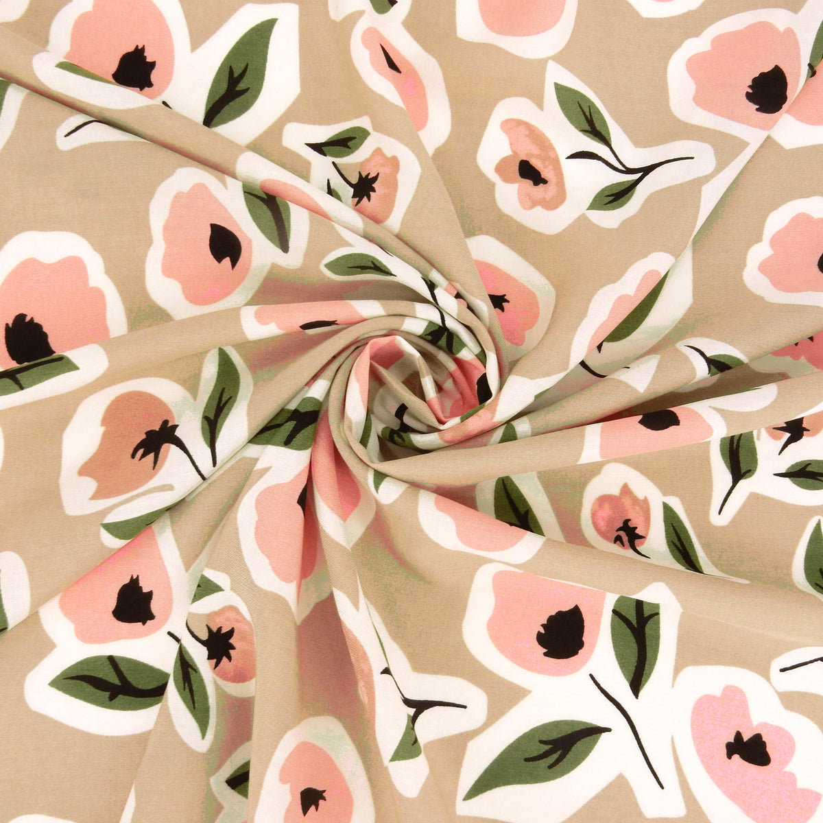 Premium 100% Rayon Challis Fabric. Soft Floral Rose design. White , pink & Green on Taupe. lightweight & ultra soft. shown swirled