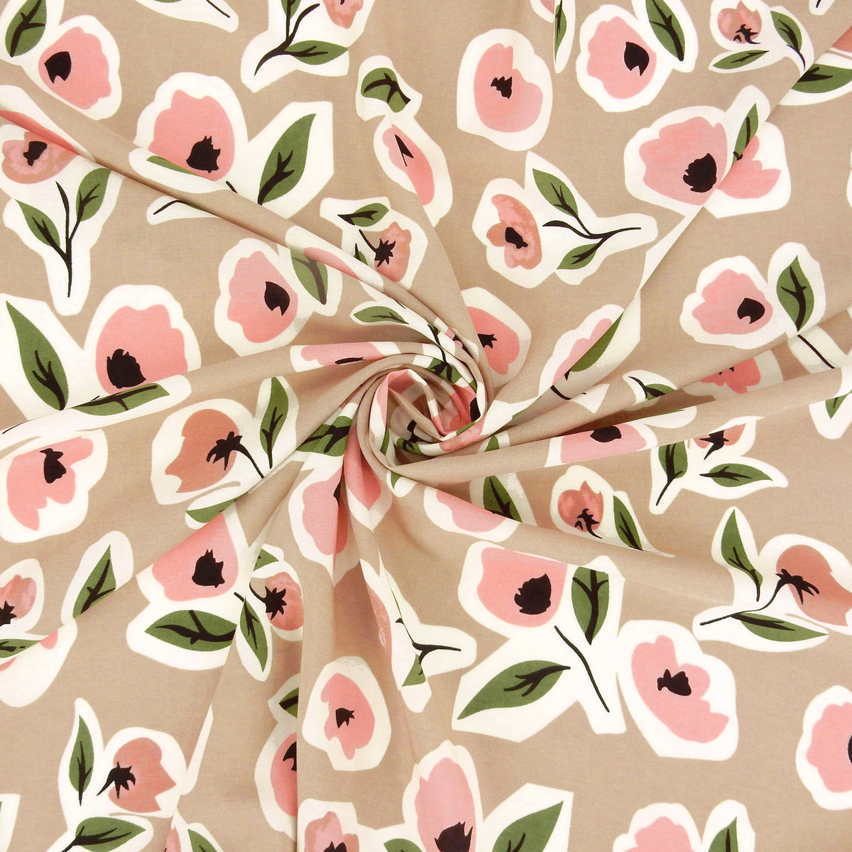 Premium 100% Rayon Challis Fabric. Soft Floral Rose design. White , pink & Green on Taupe. lightweight & ultra soft. shown swirled