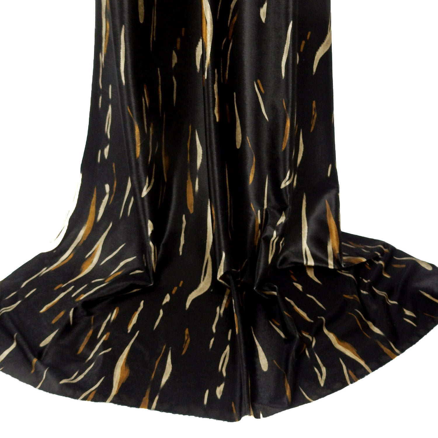 Premium Spanish Vertical Abstract Stripe Stretch Velvet Fabric. Luxury Bronze & Pale Gold design. shown draped