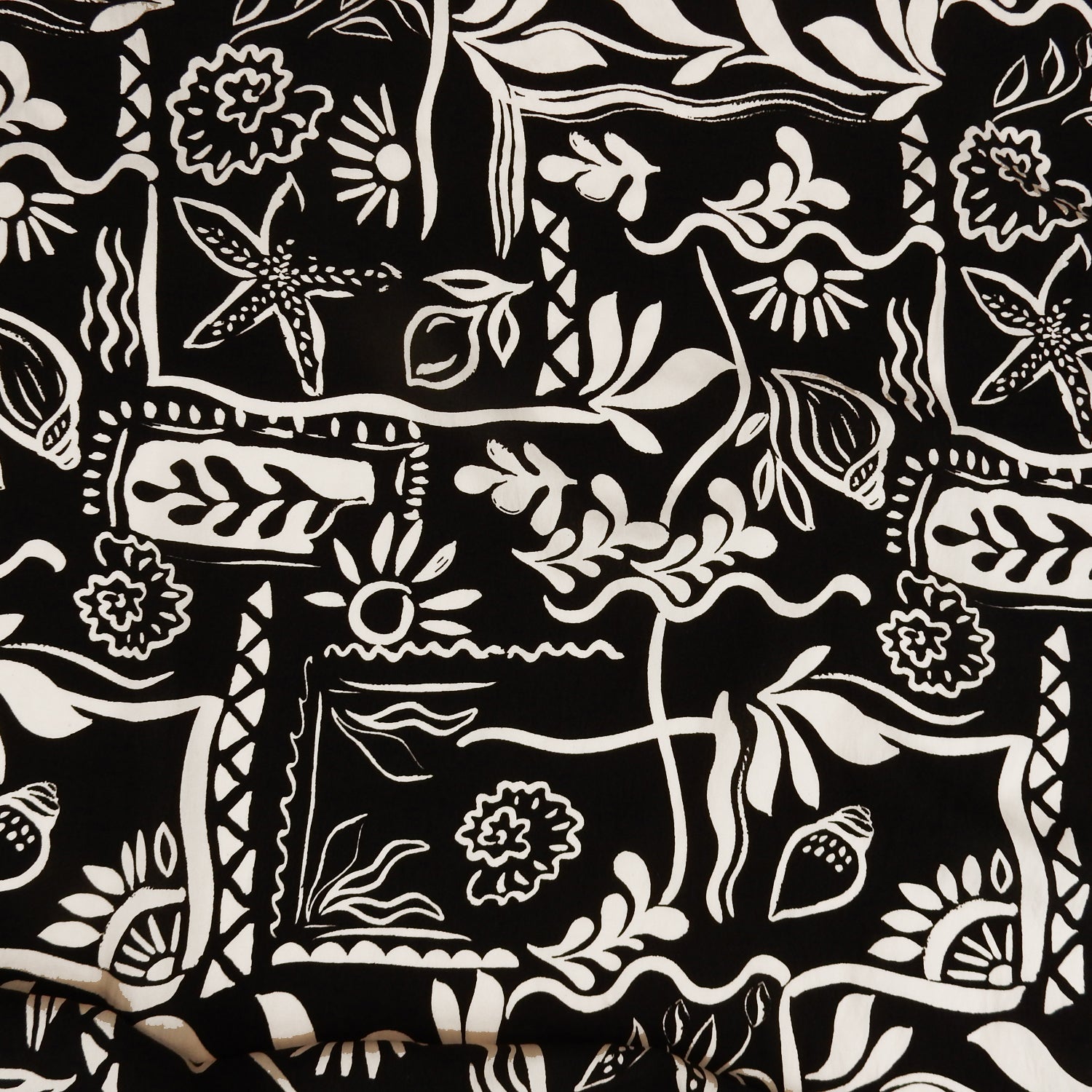 Premium 100% Rayon Challis Fabric. Hand Block Style Print in Black and Beige. Light weight, ultra soft, silk like texture. shown flat