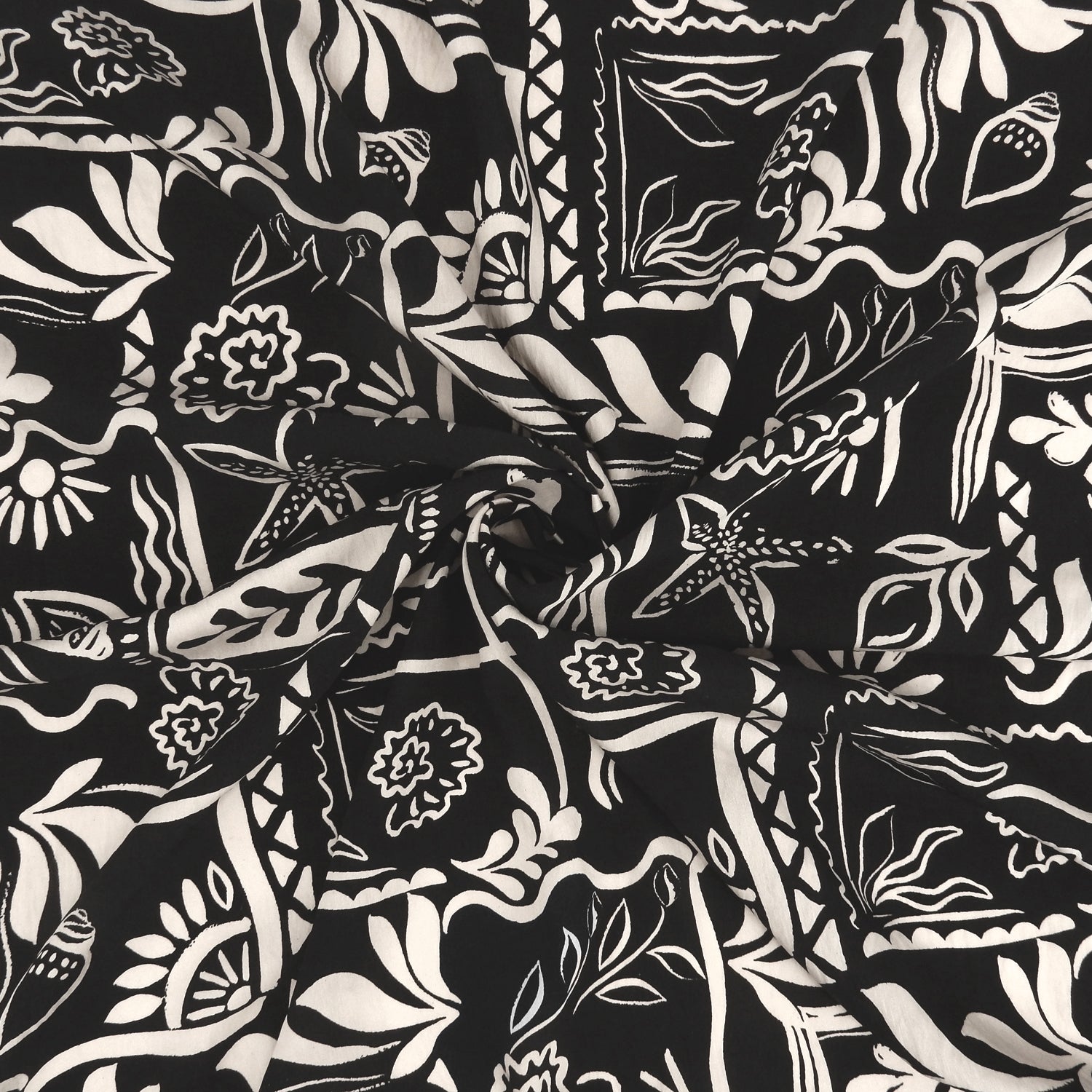 Premium 100% Rayon Challis Fabric. Hand Block Style Print in Black and Beige. Light weight, ultra soft, silk like texture. shown swirled