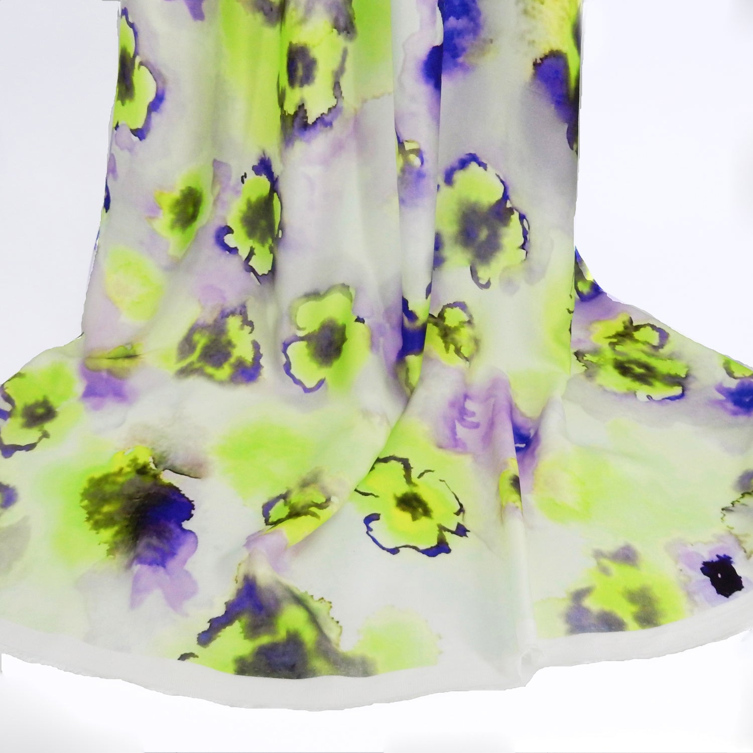 Premium 100% Rayon Challis Fabric. Foral Watercolor Print in Lime Green and purple. lightweight, ultra soft, silk like texture. shown draped