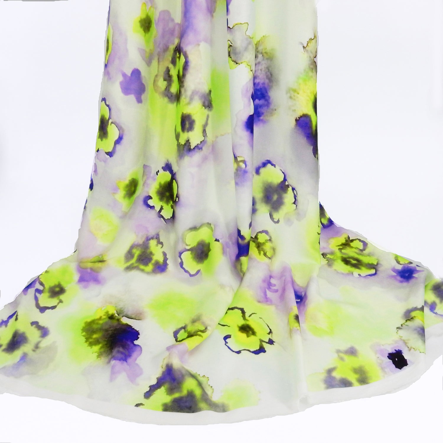 Premium 100% Rayon Challis Fabric. Foral Watercolor Print in Lime Green and purple. lightweight, ultra soft, silk like texture. shown draped