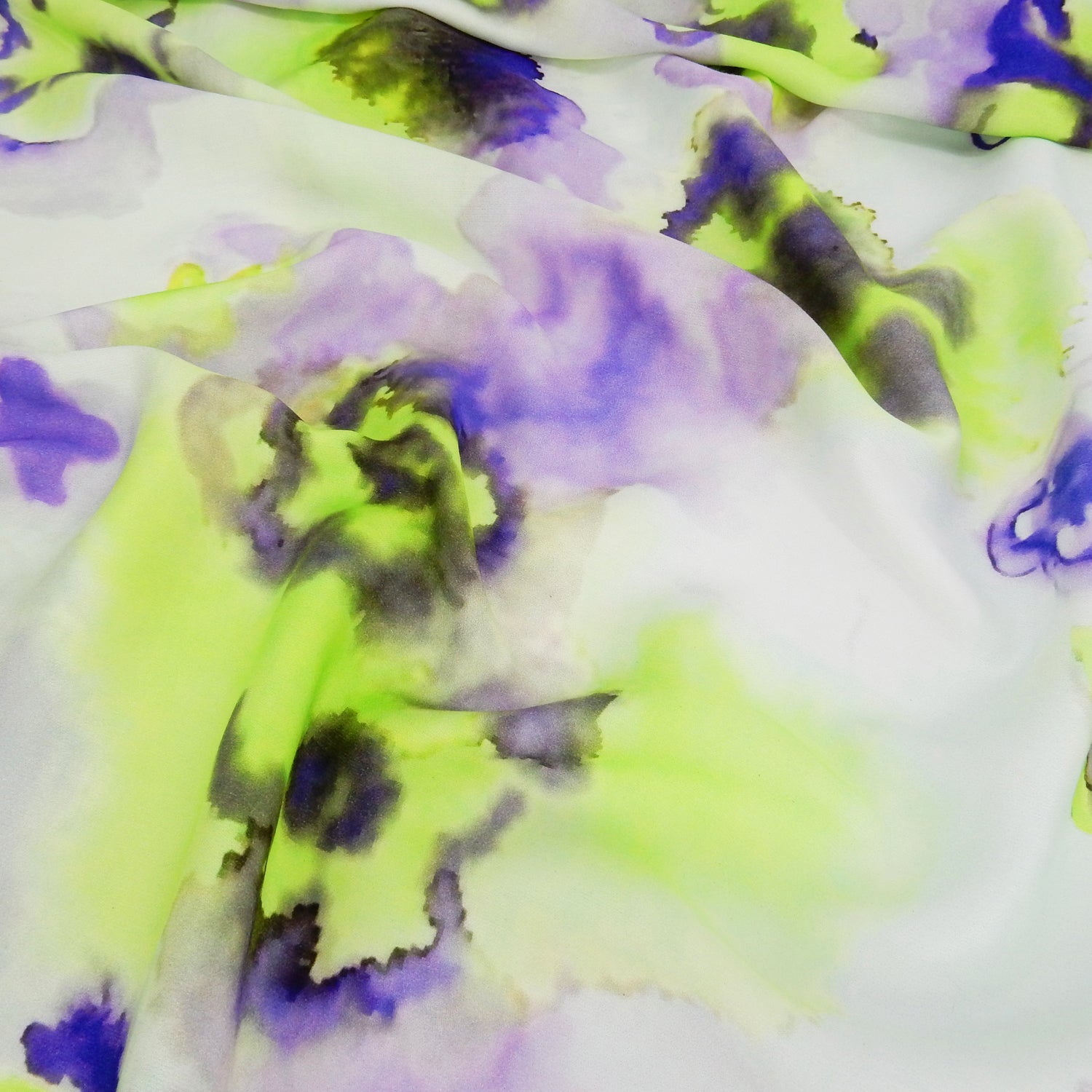 Premium 100% Rayon Challis Fabric. Foral Watercolor Print in Lime Green and purple. lightweight, ultra soft, silk like texture. shown lightly gathered
