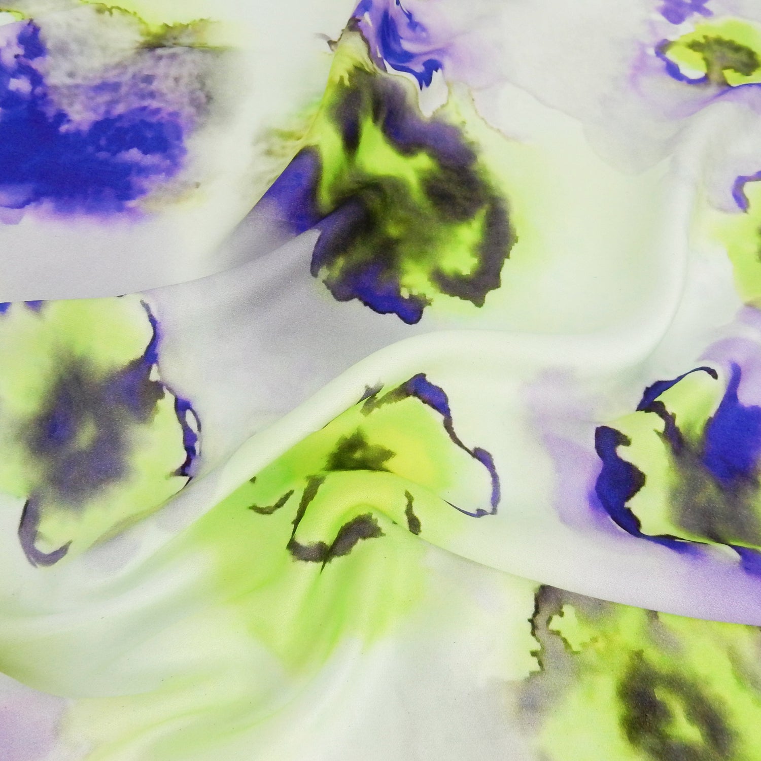Premium 100% Rayon Challis Fabric. Foral Watercolor Print in Lime Green and purple. lightweight, ultra soft, silk like texture. shown lightly gathered