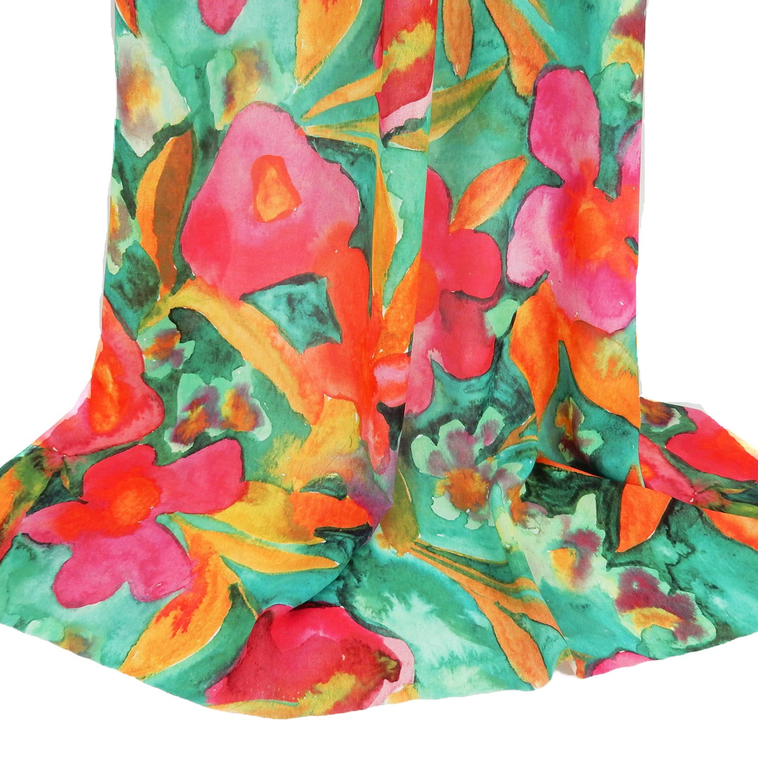Premium watercolor floral semi-sheer dress fabric. Luxury tropical Bloom design on premium polyester. Shown draped
