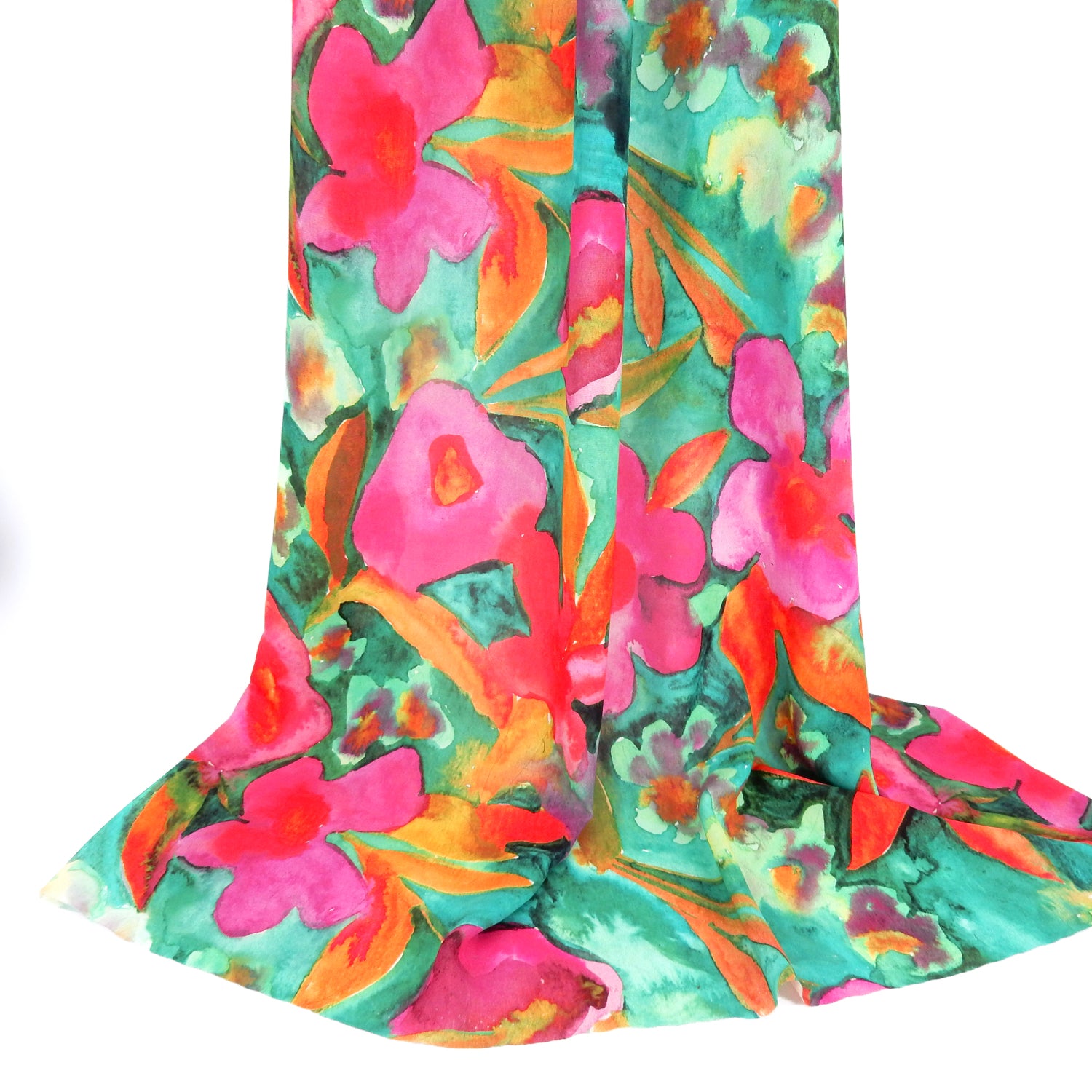 Premium watercolor floral semi-sheer dress fabric. Luxury tropical Bloom design on premium polyester. Shown draped