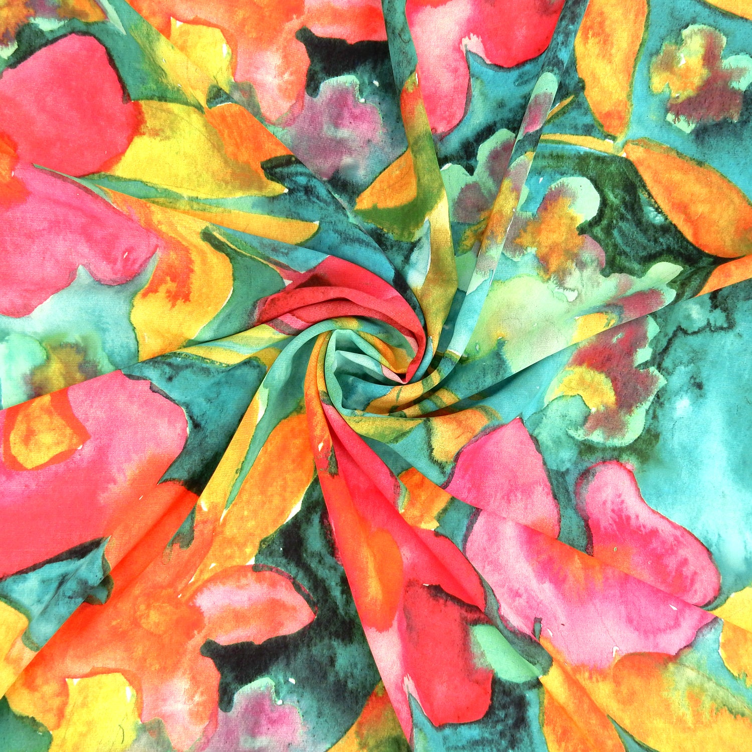 Premium watercolor floral semi-sheer dress fabric. Luxury tropical Bloom design on premium polyester. Shown swirled