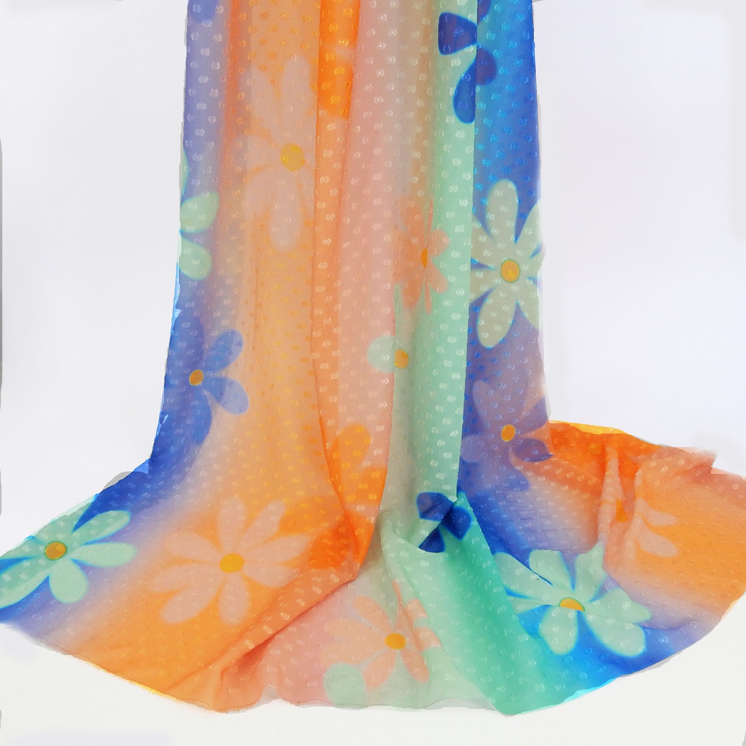 Premium floral printed clip dot fabric. semi sheer with raised clip dots. Modern flower design on multicolor railroad stripe. shown draped