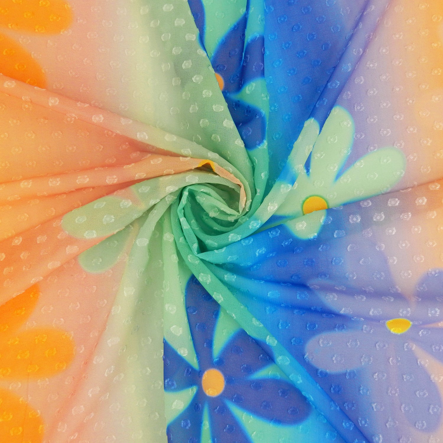 Premium floral printed clip dot fabric. semi sheer with raised clip dots. Modern flower design on multicolor railroad stripe. shown swirled