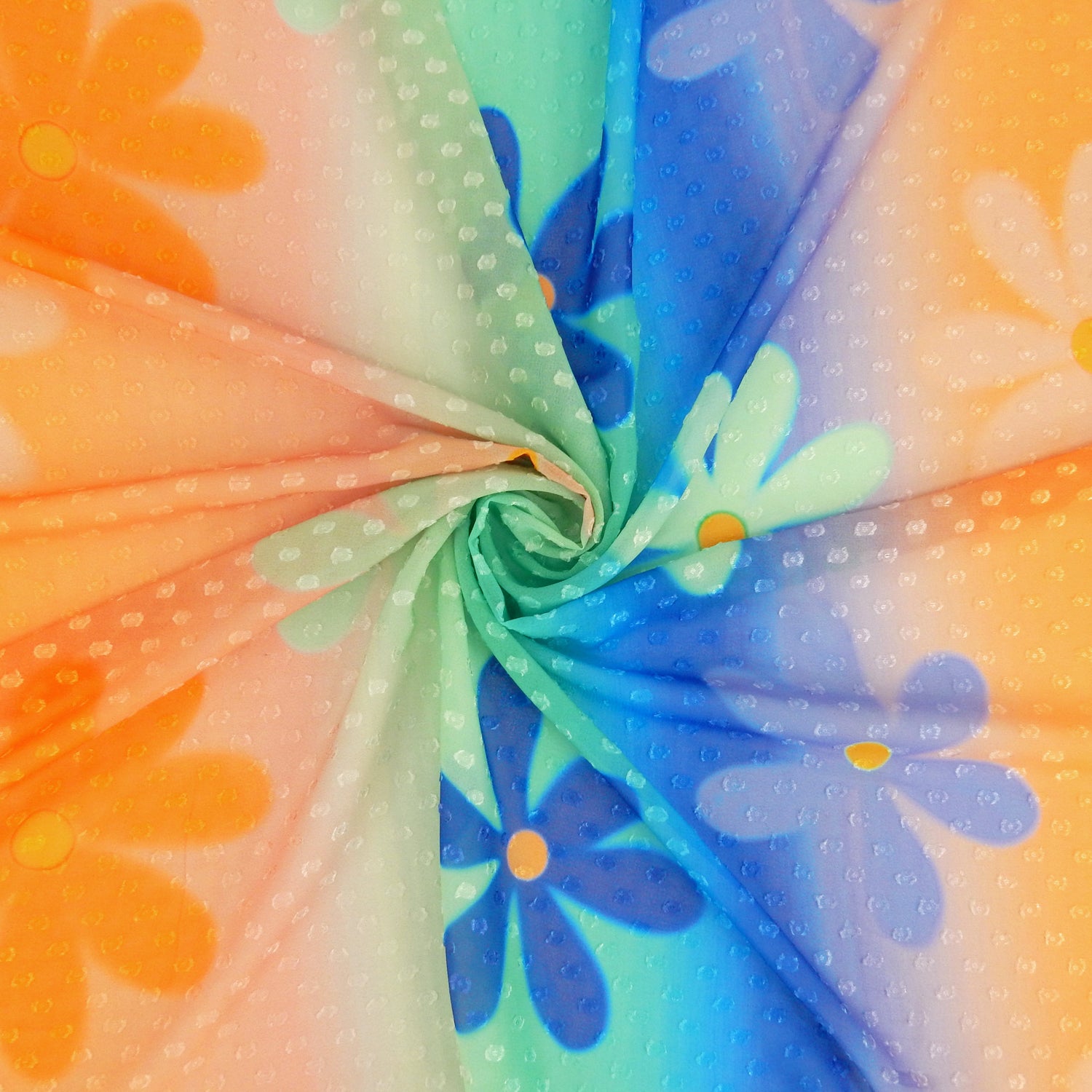 Premium floral printed clip dot fabric. semi sheer with raised clip dots. Modern flower design on multicolor railroad stripe. shown swirled