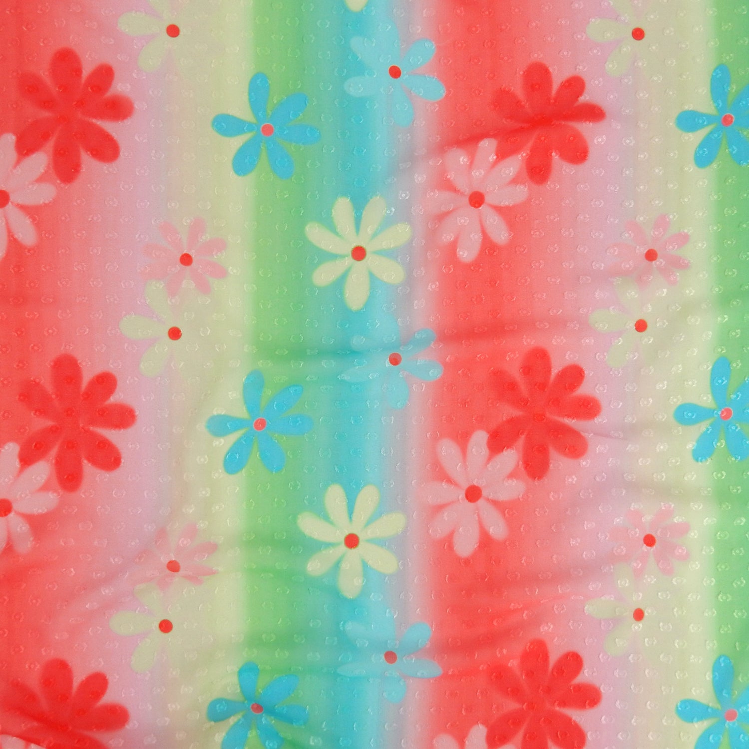Premium floral printed clip dot fabric. semi sheer with raised clip dots. Modern flower design on multicolor railroad stripe. shown flat