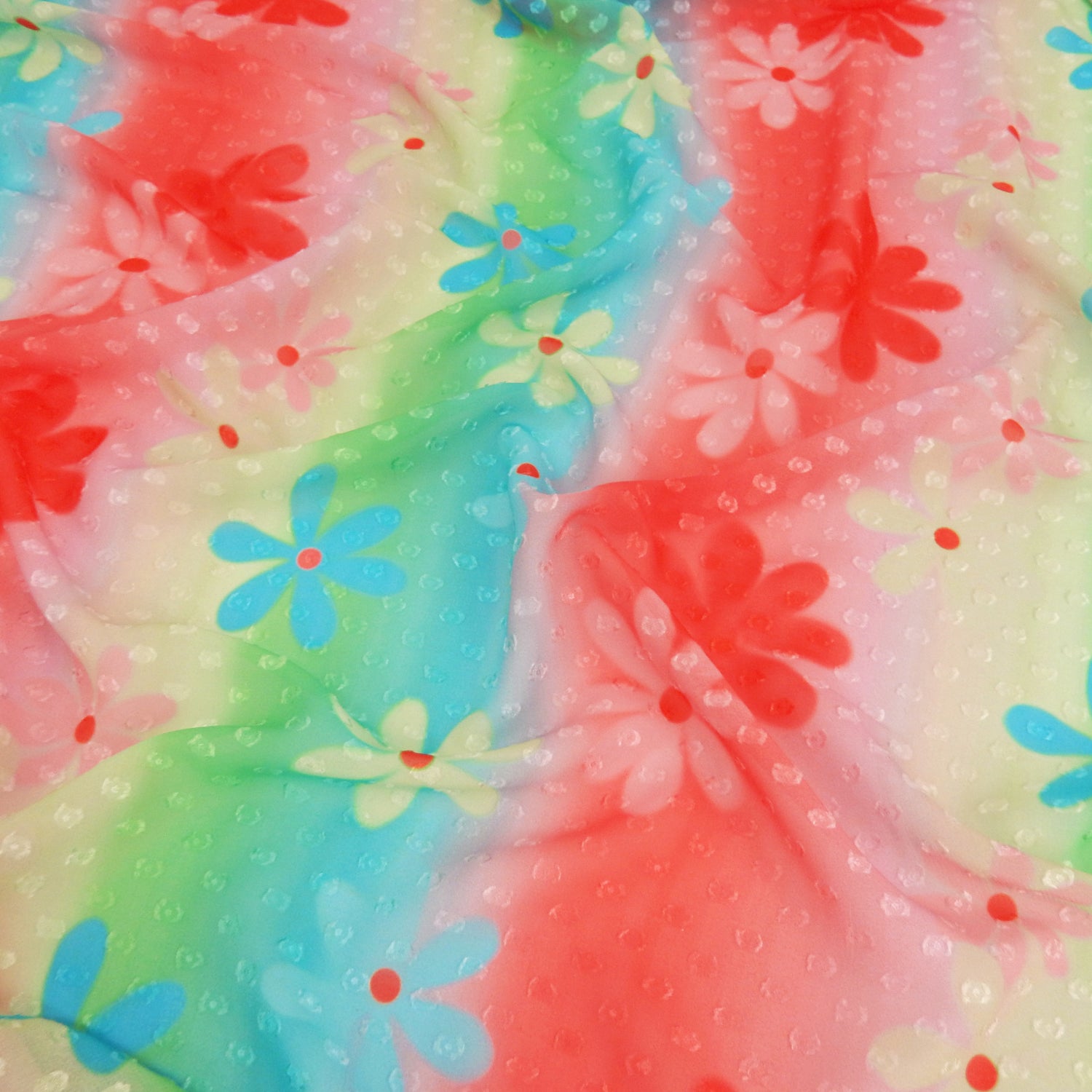Premium floral printed clip dot fabric. semi sheer with raised clip dots. Modern flower design on multicolor railroad stripe. shown lightly gathered