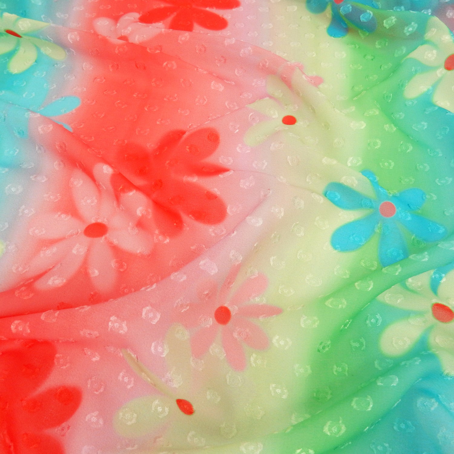 Premium floral printed clip dot fabric. semi sheer with raised clip dots. Modern flower design on multicolor railroad stripe. shown lightly gathered