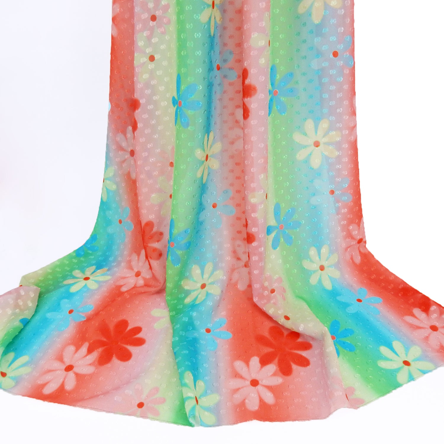 Premium floral printed clip dot fabric. semi sheer with raised clip dots. Modern flower design on multicolor railroad stripe. shown draped