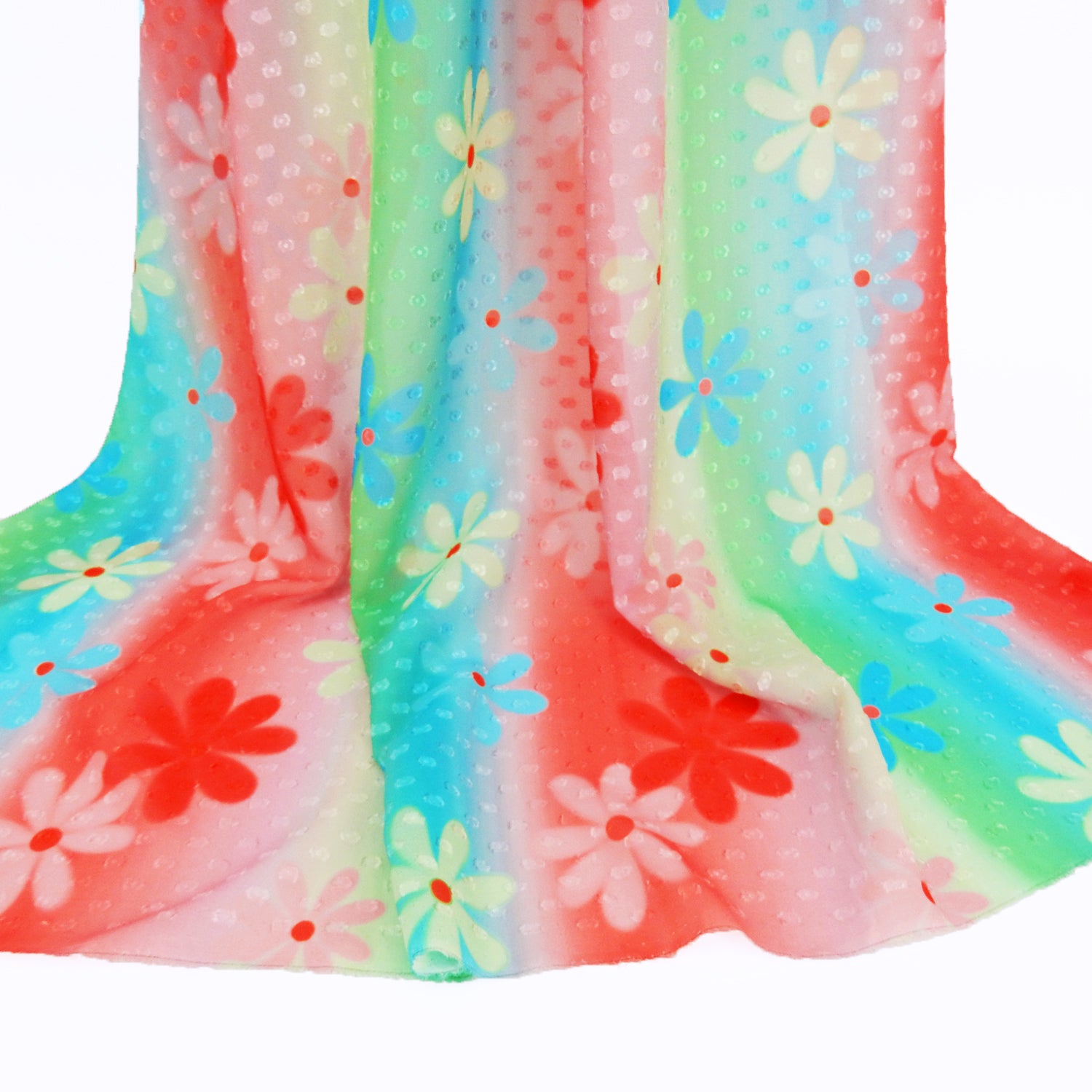 Premium floral printed clip dot fabric. semi sheer with raised clip dots. Modern flower design on multicolor railroad stripe. shown draped