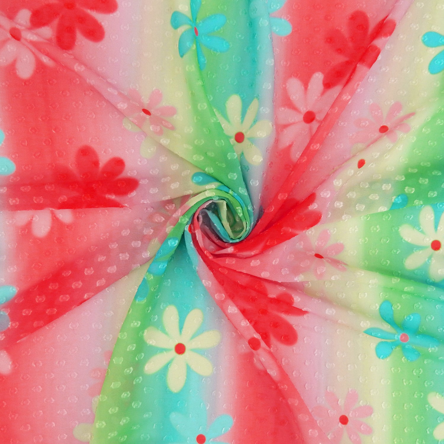 Premium floral printed clip dot fabric. semi sheer with raised clip dots. Modern flower design on multicolor railroad stripe. shown swirled