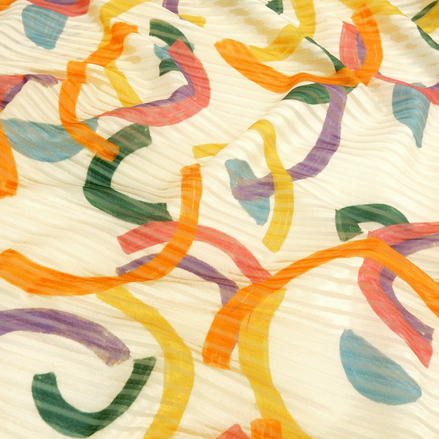 Premium Spanish Geometric Burnout Stretch Velvet fabric.  Pastel Multi-Color & Ivory rectangle & square design on 4-way stretch burnout velvet. shown flat