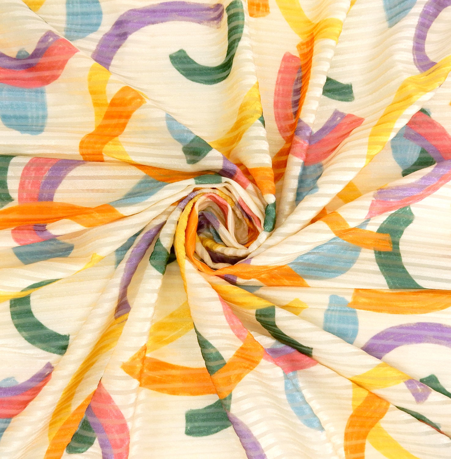 Premium Spanish Geometric Burnout Stretch Velvet fabric.  Pastel Multi-Color & Ivory rectangle & square design on 4-way stretch burnout velvet. shown swirled