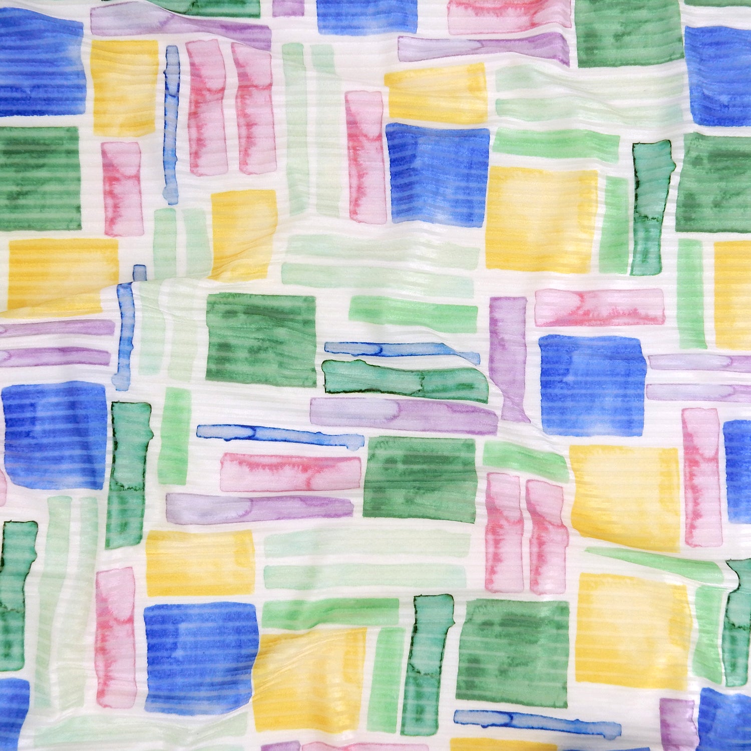 Premium Spanish Geometric Burnout Stretch Velvet fabric.  Pastel Multi-Color & Ivory rectangle & square design on 4-way stretch burnout velvet. shown flat