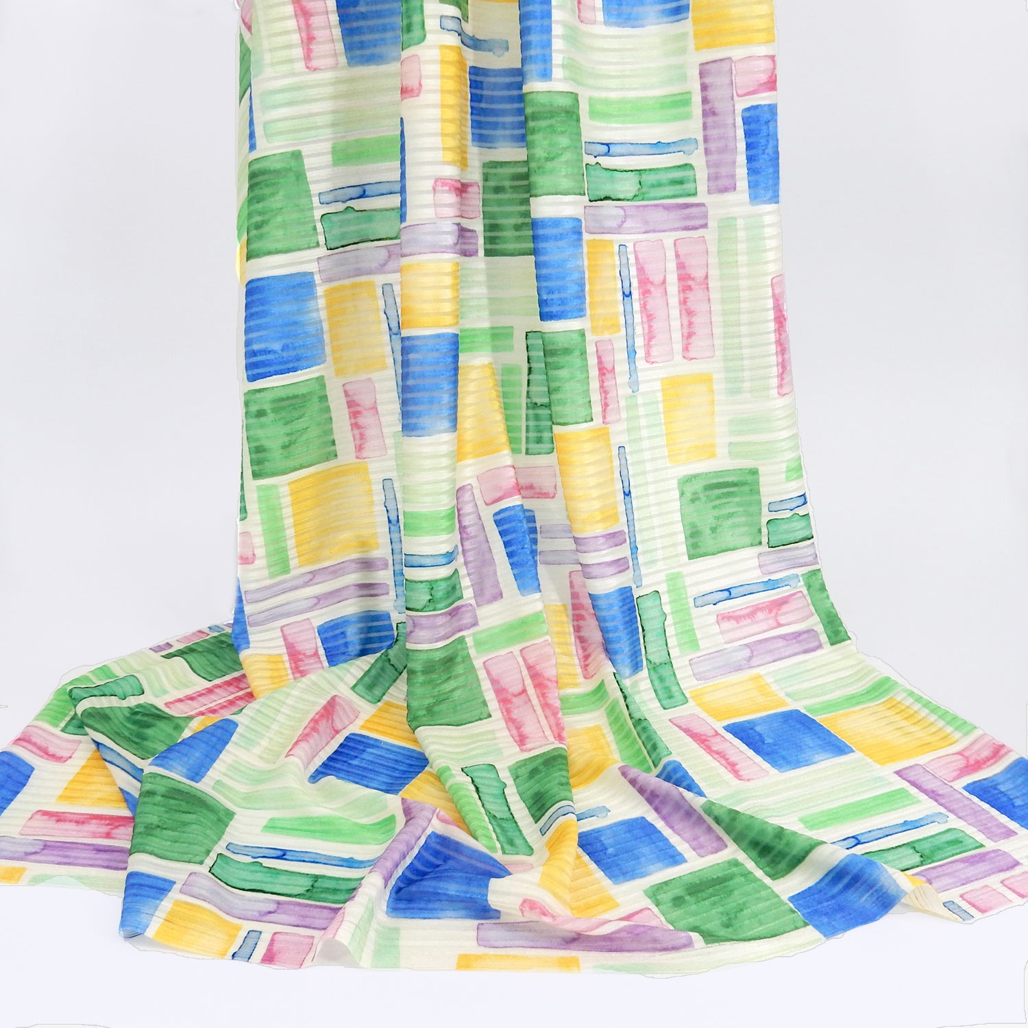 Premium Spanish Geometric Burnout Stretch Velvet fabric.  Pastel Multi-Color & Ivory rectangle & square design on 4-way stretch burnout velvet. shown draped