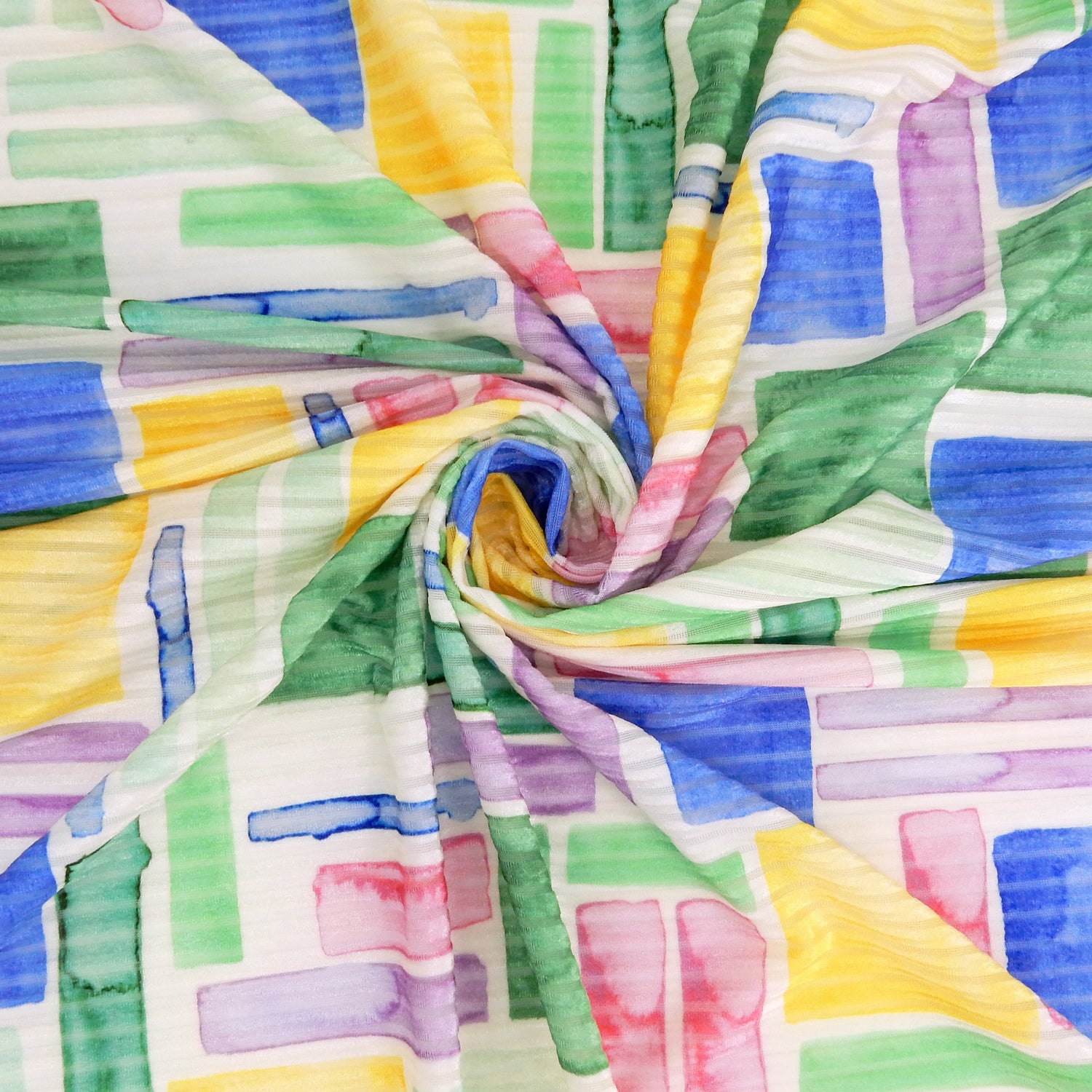 Premium Spanish Geometric Burnout Stretch Velvet fabric.  Pastel Multi-Color & Ivory rectangle & square design on 4-way stretch burnout velvet. shown swirled