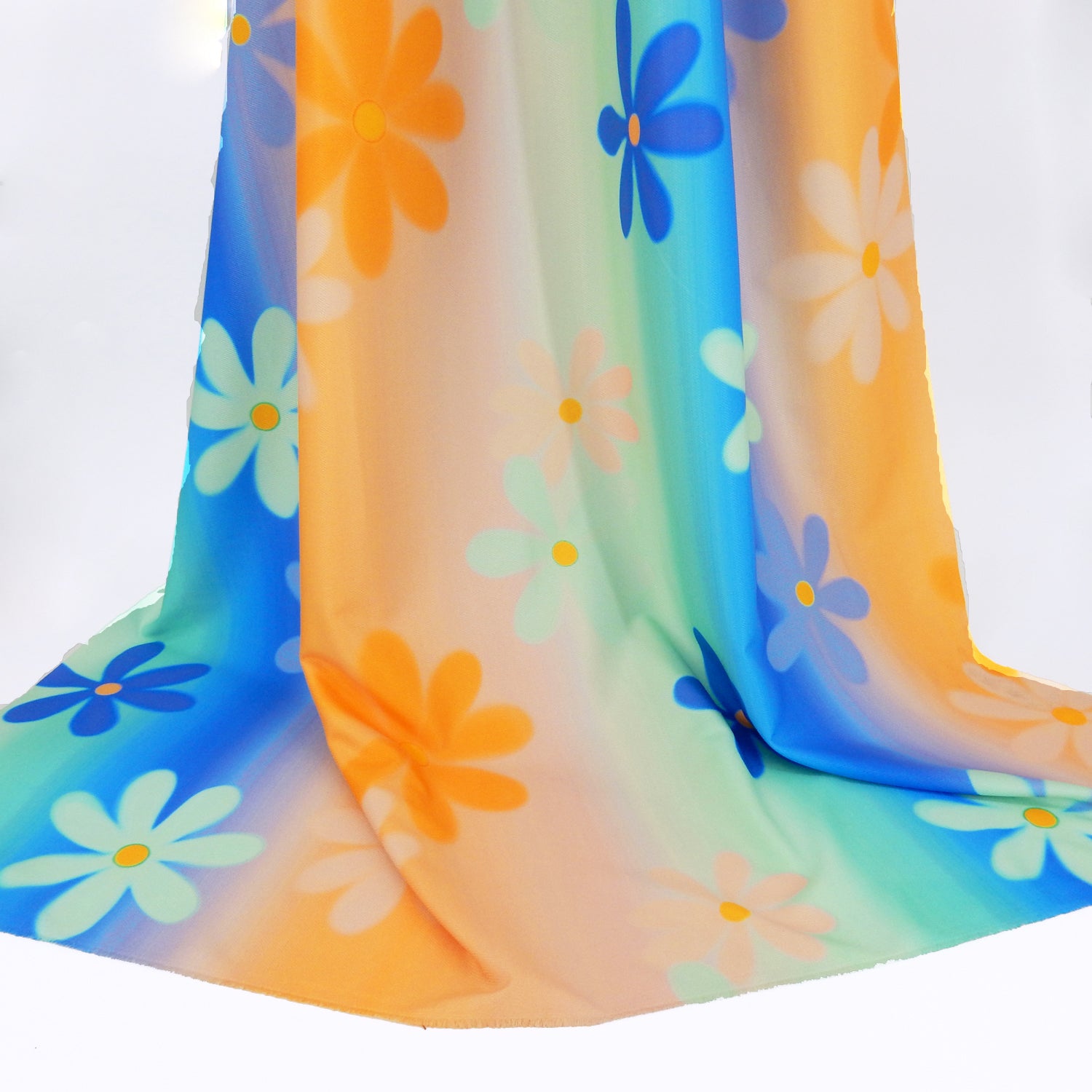 Premium Spanish Floral Twill Dress Fabric. Modern multicolored Vertical Railroaded Stripe with floral design printed on dress weight polyester spandex twill. shown draped