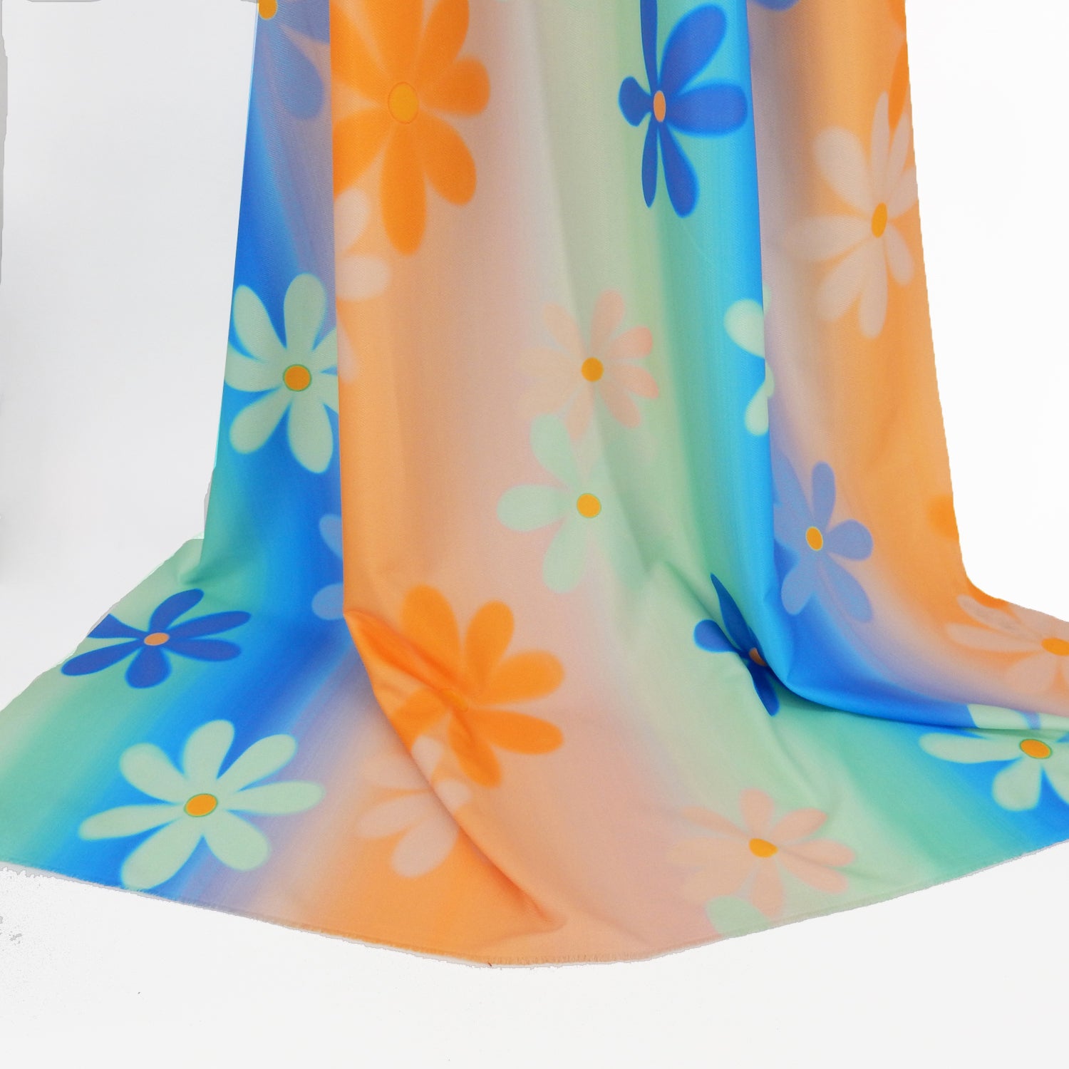 Premium Spanish Floral Twill Dress Fabric. Modern multicolored Vertical Railroaded Stripe with floral design printed on dress weight polyester spandex twill. shown draped