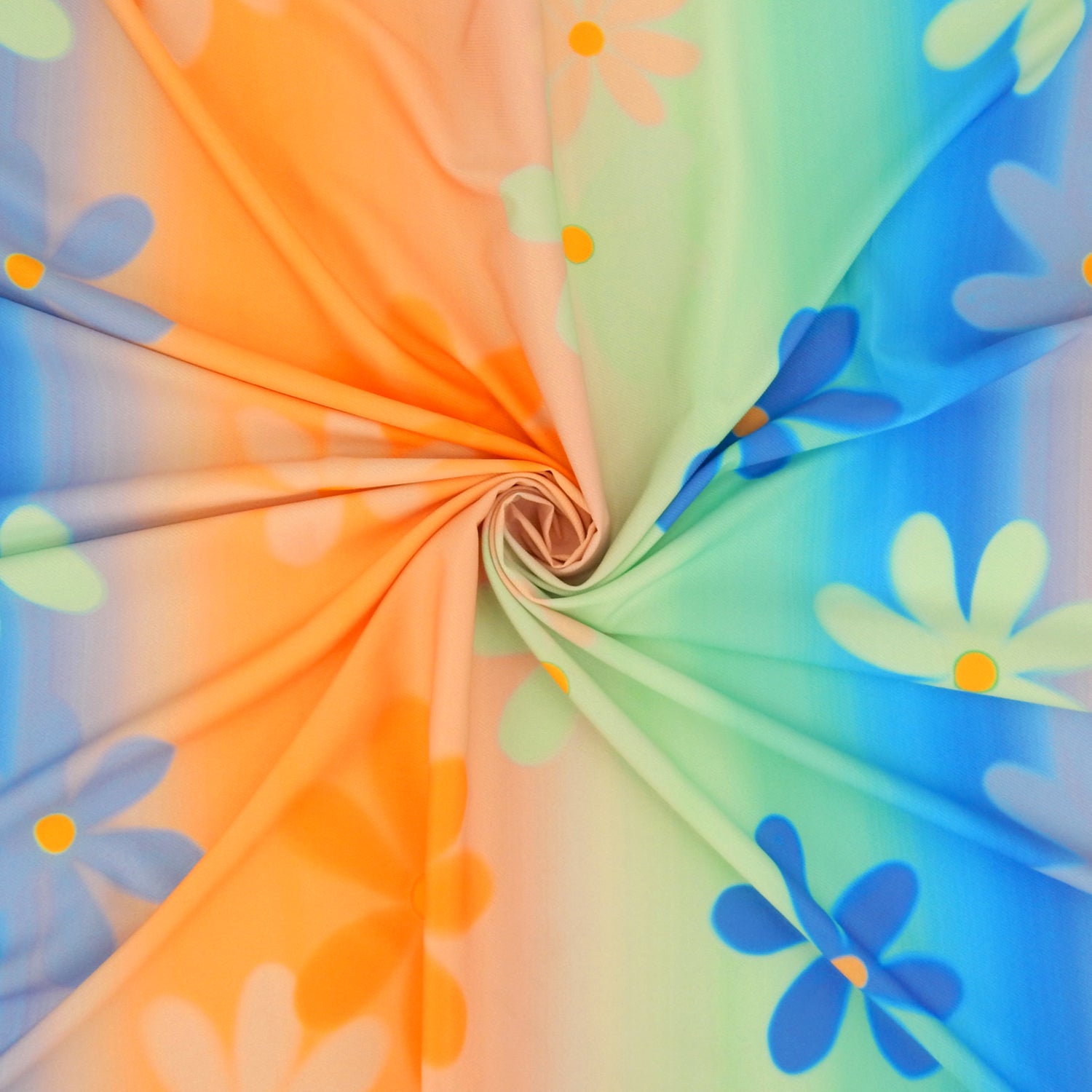 Premium Spanish Floral Twill Dress Fabric. Modern multicolored Vertical Railroaded Stripe with floral design printed on dress weight polyester spandex twill. shown swirled
