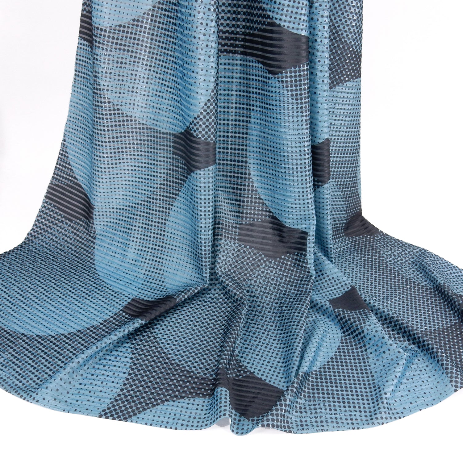 Premium Spanish Geometric Velvet Burnout Stretch Fabric. Elegant Dusty Blue Dotted circle design on 4-way stretch burnout velvet. shown draped