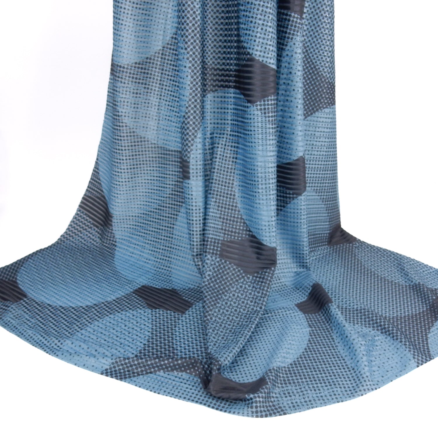 Premium Spanish Geometric Velvet Burnout Stretch Fabric. Elegant Dusty Blue Dotted circle design on 4-way stretch burnout velvet. shown draped