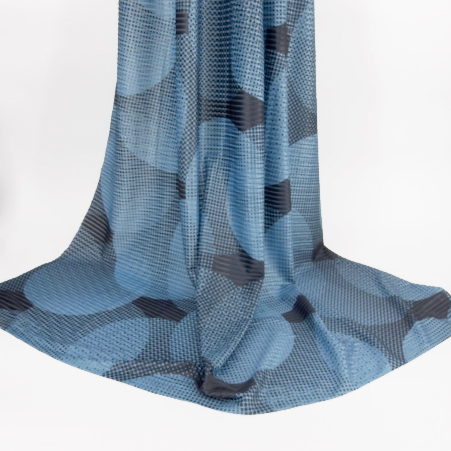 Premium Spanish Geometric Velvet Burnout Stretch Fabric. Elegant Dusty Blue Dotted circle design on 4-way stretch burnout velvet. shown draped