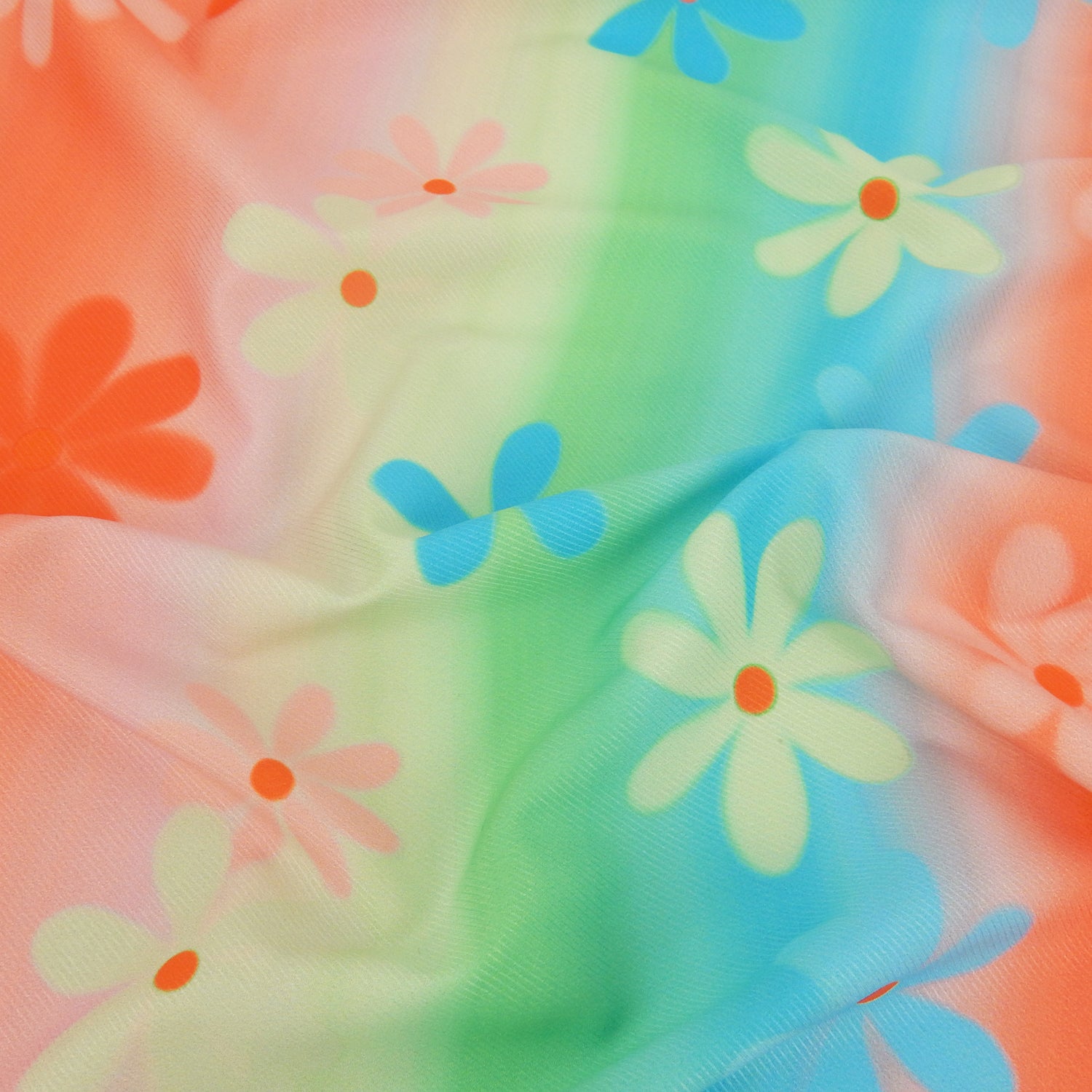 Premium Spanish Floral Twill Dress Fabric. Modern multi color Vertical Railroad Stripe with floral design on lightweight stretch twill. shown lightly gathered