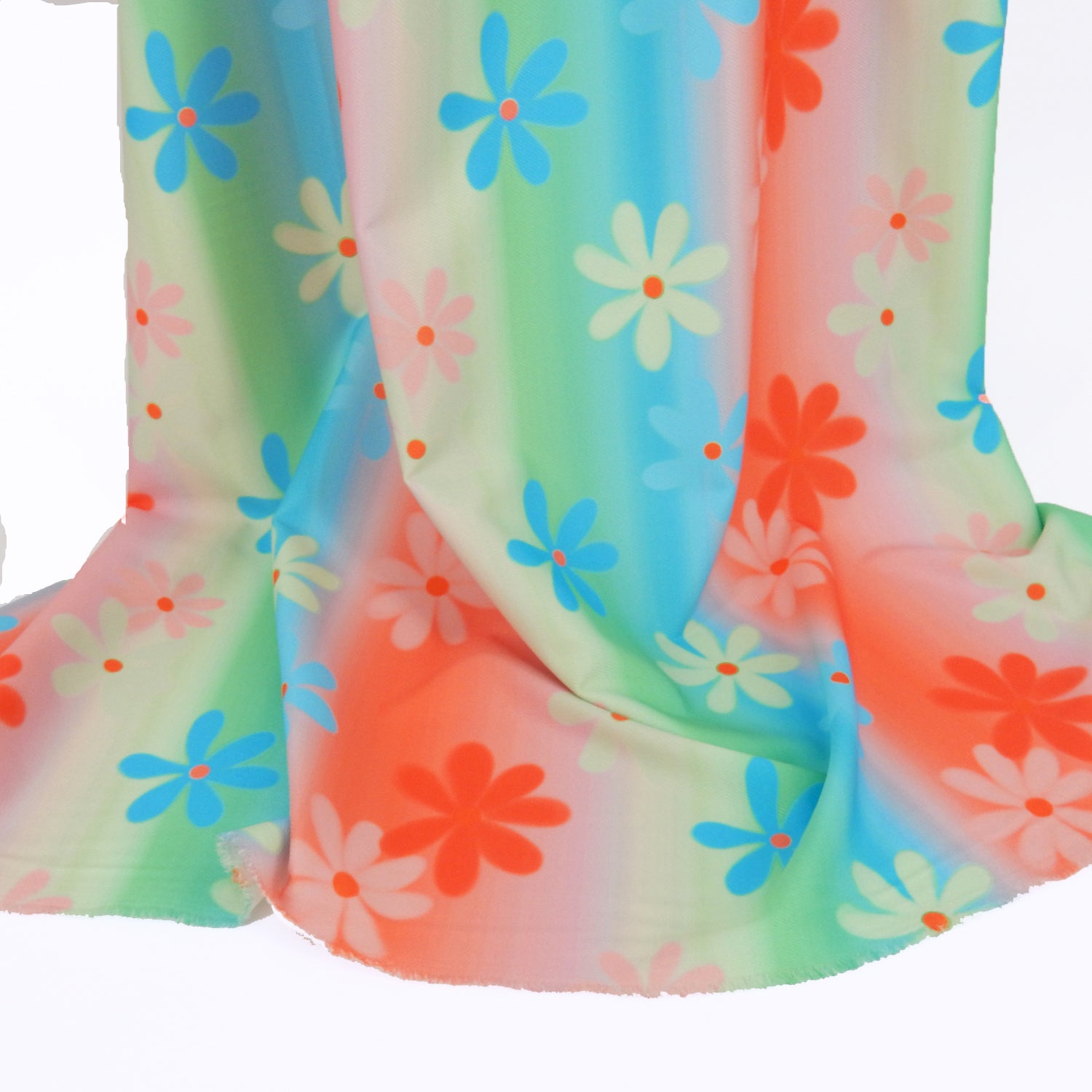 Premium Spanish Floral Twill Dress Fabric. Modern multi color Vertical Railroad Stripe with floral design on lightweight stretch twill. shown draped