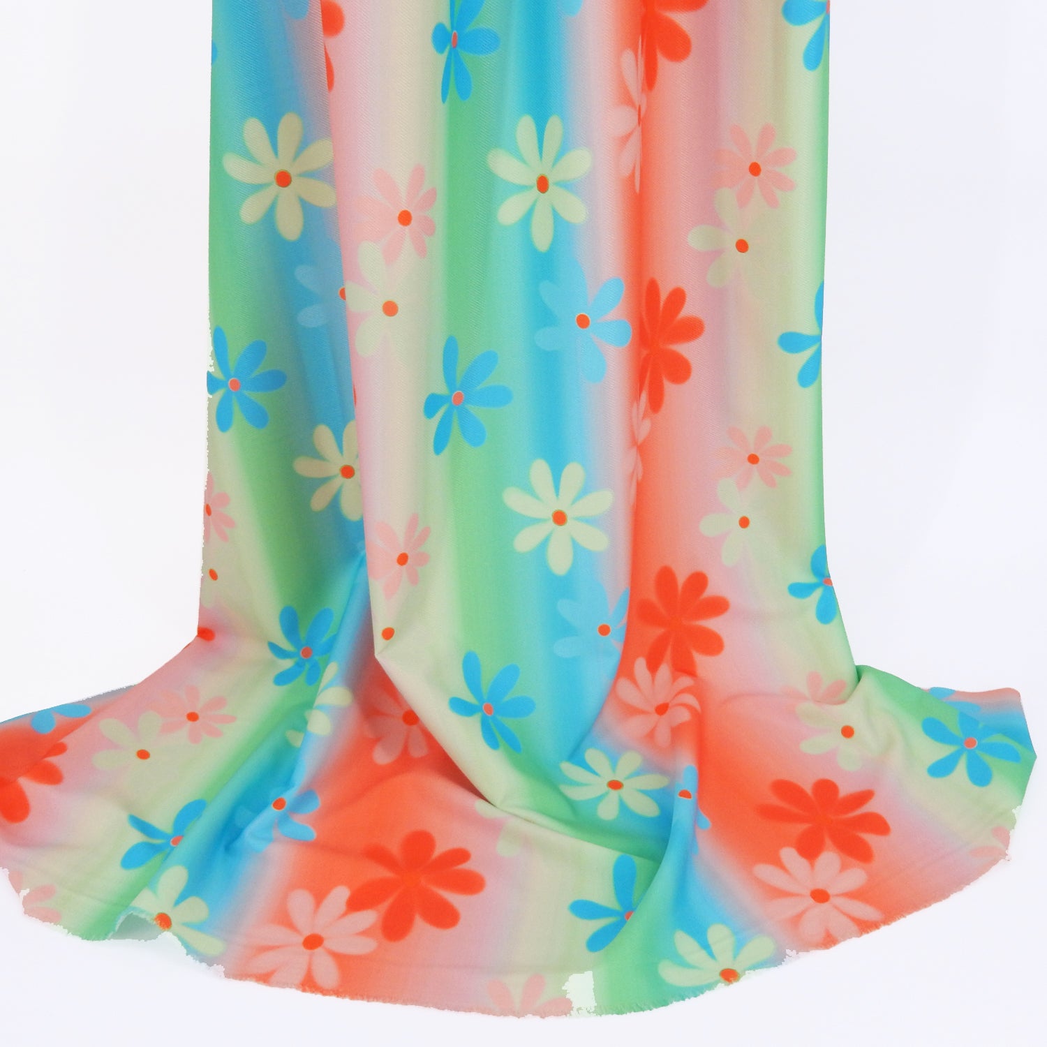 Premium Spanish Floral Twill Dress Fabric. Modern multi color Vertical Railroad Stripe with floral design on lightweight stretch twill. shown draped